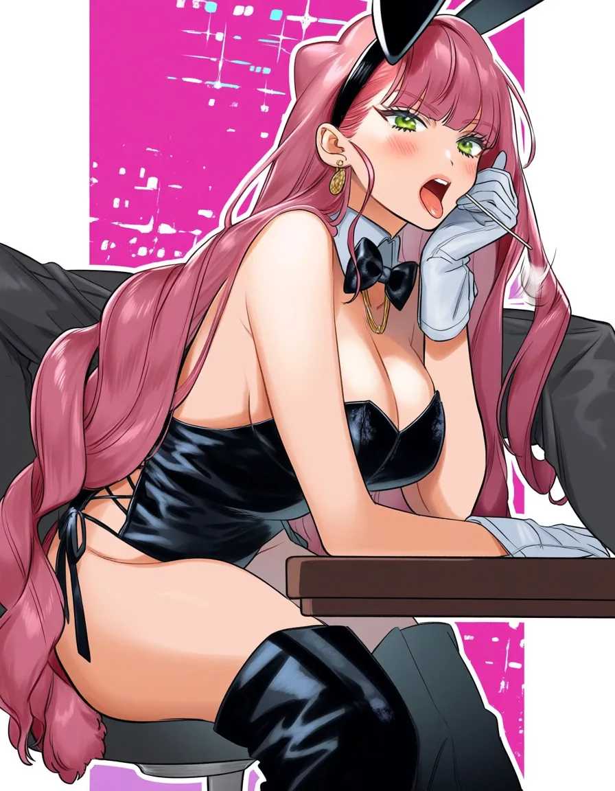 masterpiece, best quality, bunny girl, over the shoulder glance, blowjob, thigh boots, table, manga panel look @jiro_kyoka, hentai_studio_quality