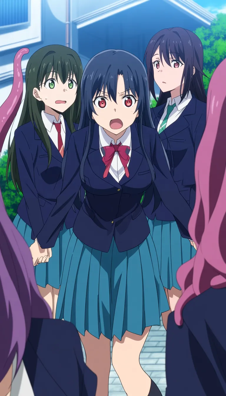 highly detailed, natural lighting, 4girls, feet out of frame, pleated skirt, tentacle, depth of field, lifelike render