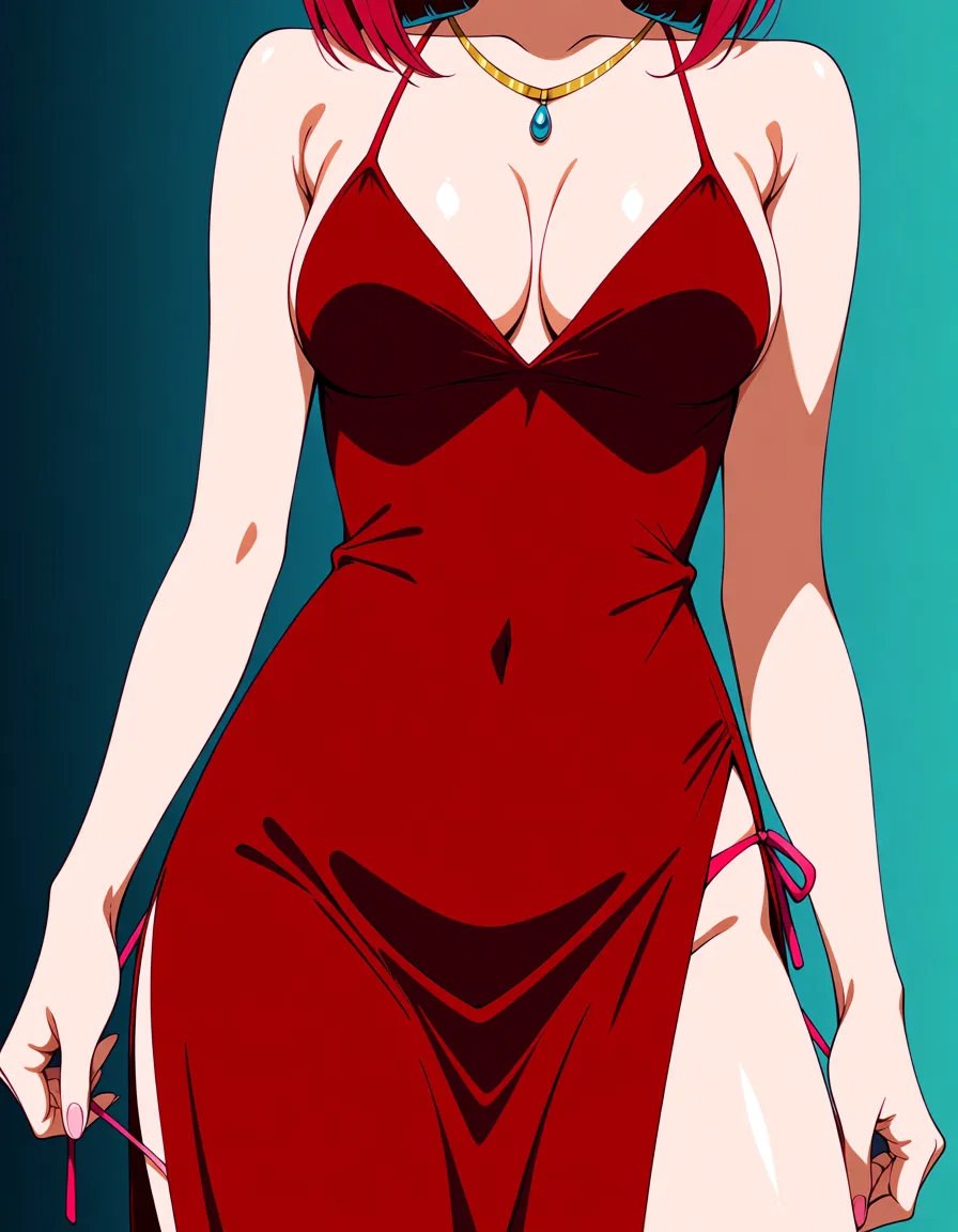 masterpiece, highres, vivid, short_hair, red_hair, petite, medium_breasts, untying side-tie_panties, red_dress, side_slit, cleavage, close_up, hentai_studio_quality