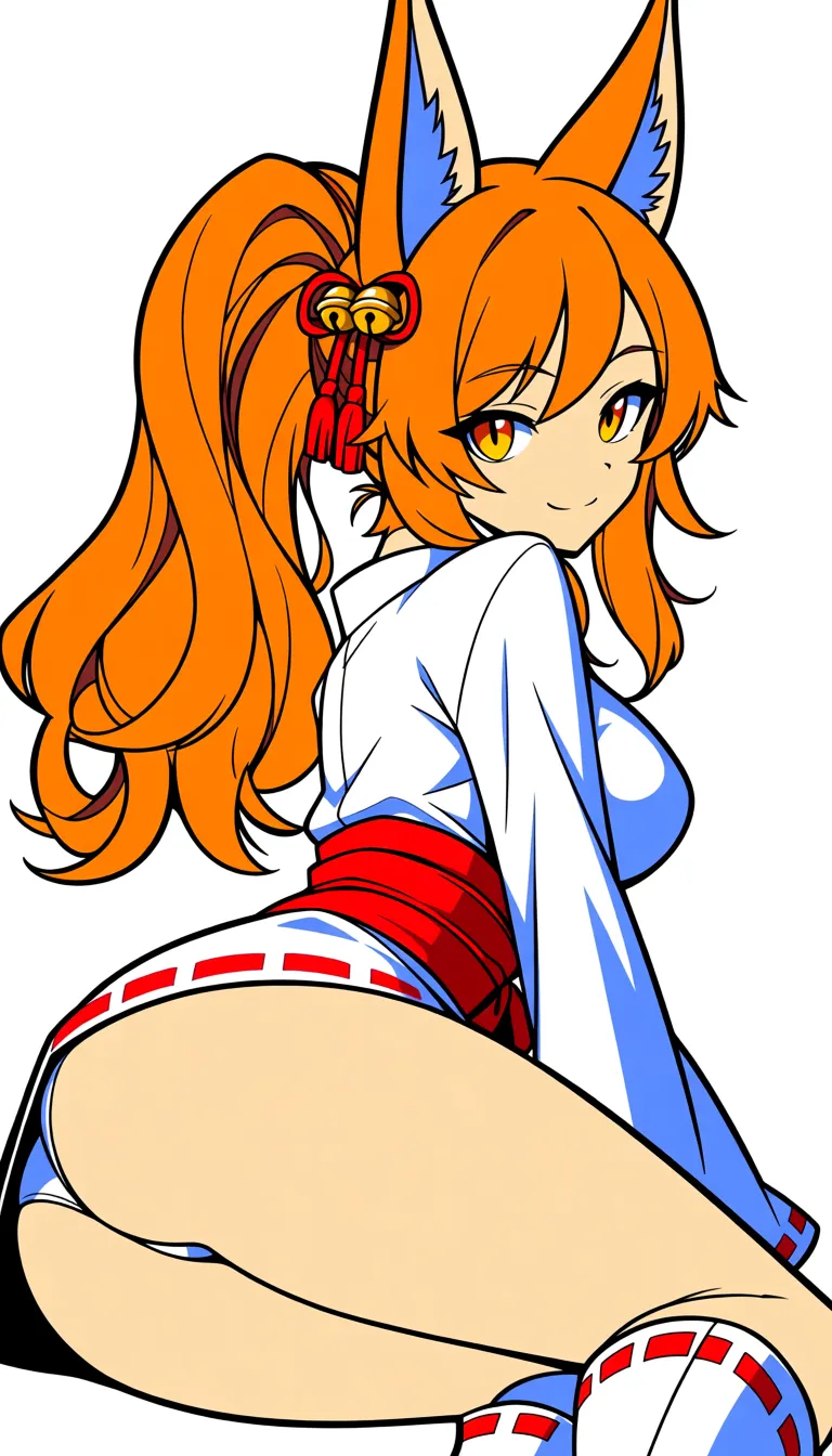 4 Masterpiece, 1girl, natural perky medium breasts, beige fur, panties, beside ass, smile, Cameltoe, outfit, from behind, lying on ground, thighs together, Ceroba Ketsukane, Kitsune (fox-like monster), no fox tail, humanoid anthropomorphic fox, beige fur, long wavy ginger-orange hair, donning attire modeled after a modified miko (shrine maiden) uniform, short kimono, short white dress where the top is structured like a traditional Japanese kimono, complete with red trimmings along the collar, hem, sleeves, thick red obi sash is tied around her waist to secure the dress, hair is held up in a high ponytail using a piece of red ribbon featuring a small gold bell right at the center, standard white boots that feature red trim along top edges, Her head features prominent fox ears, cozy disty office for single worker room background ... single continuous shot, full widescreen view, one single image, uninterrupted scene, no borders, no panels, wide angle cinematic photograph, single perspective, edge-to-edge frame ... modern digital drawing style, clean monoline ink linework, flat cel shading with minimal soft gradients, vibrant color palette with high-contrast accent tones, minimalist geometric background elements, crisp vector-like finish, contemporary graphic illustration.,, hentai_studio_quality