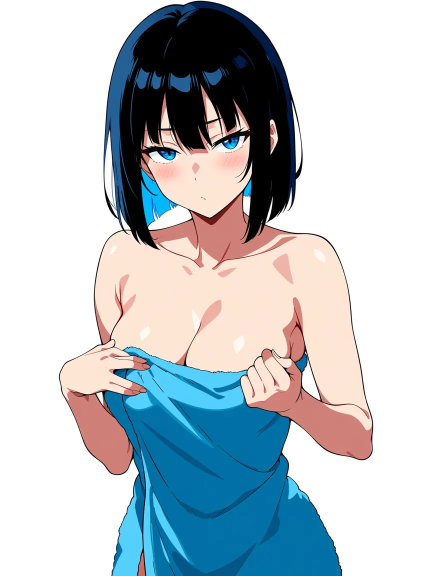 /ultra detailed, 25 year old girl, black hair with blue highlights in a conservative hairstyle.  medium_breasts, pale_skin, with a blue towel around her waist but otherwise completely_nude.  Blush, blue eyes, one hand holding the towel and the other gesturing for me to come closer., hentai_studio_quality