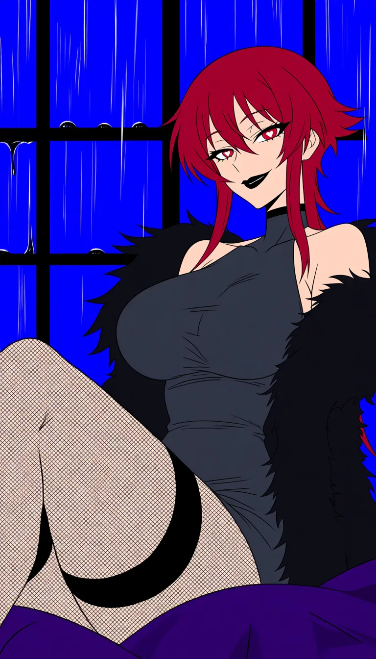 Ahegao, hearts in eyes, Makima, red hair, black lips, in fur coat, in fishnet stockings, riding on a dick, in the bedroom, rain on the window