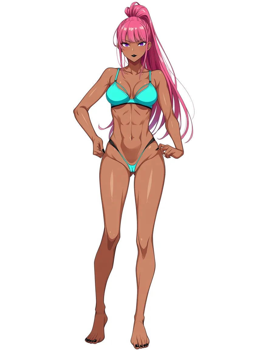 masterpiece, fine detail, anime style, pulling_own_panties, light teal blue lingerie, Micro_thong, bra, rose-pink hair, long_hair, high_ponytail, royal purple_eyes, athletic, abs cleft_of_venus, cameltoe, partially_visible_vulva, standing, solo, 1girl, straight_hair, tan, straight-on, full_body, wide_shot, barefoot, black lipstick, black fingernails, black toenails, small_breasts, looking_at_viewer, looking_ahead,, hentai_studio_quality