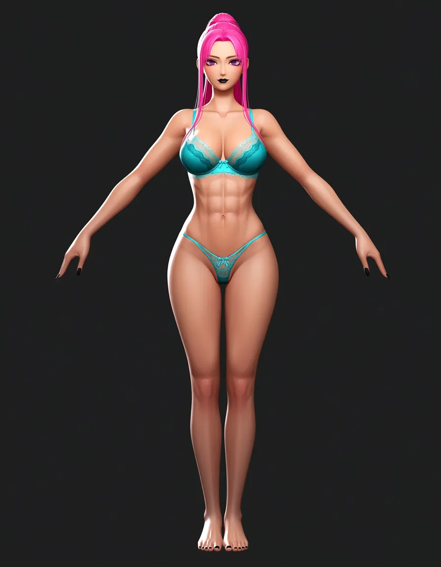 masterpiece, fine detail, explicit render, explicit style, (light teal blue lingerie, thong, bra, lace,) (rose-pink hair, long_hair, high_ponytail,) royal purple_eyes, athletic, abs, partially_visible_vulva, standing, solo, 1girl, straight_hair, tan, straight-on, full_body, barefoot, black lipstick, black fingernails, black toenails,small_breasts, looking_at_viewer, looking_ahead, legs_apart, hentai_studio_quality, hentai_studio_quality