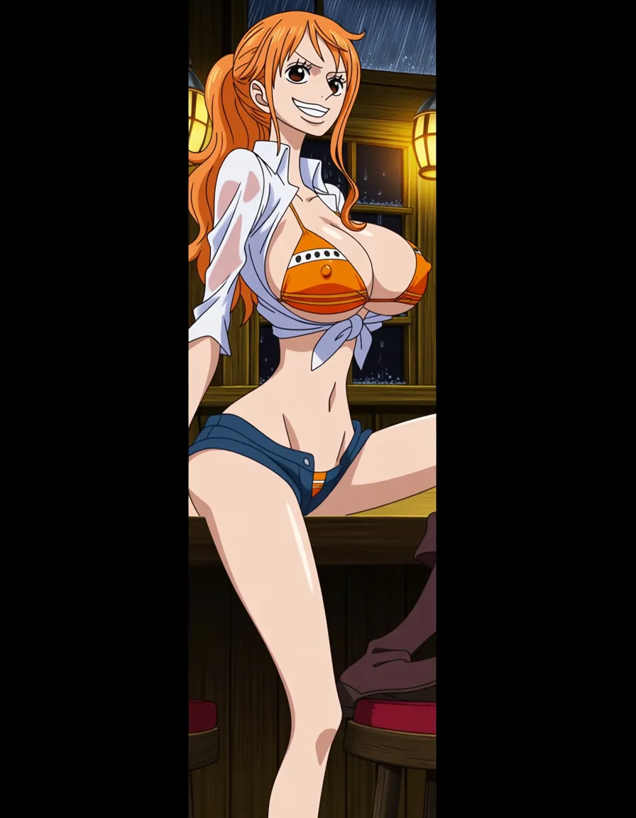 Anime scene of Nami from One Piece (post-timeskip adult design), tall curvy woman, large breasts with erect nipples showing through a wet orange bikini top. Face: attractive sharp face, tanned skin, large brown eyes with a greedy playful smirk, long lashes, slim brows, small nose, full lips, long orange hair in a side ponytail with bangs. Outfit: soaked orange bikini and unbuttoned shirt over it, top strained, nipples peaked hard, shorts extremely short. Pose: sitting on a tavern table edge, leaning back on both hands, chest out, one boot on a chair. Landscape. Real décor: wooden pirate tavern, lanterns, rain outside the window. Warm gold versus cool window contrast, wet highlights. Rich One Piece-like anime style, no text., (anime style:1.3), 2d, anime screencap, cel shading, flat color