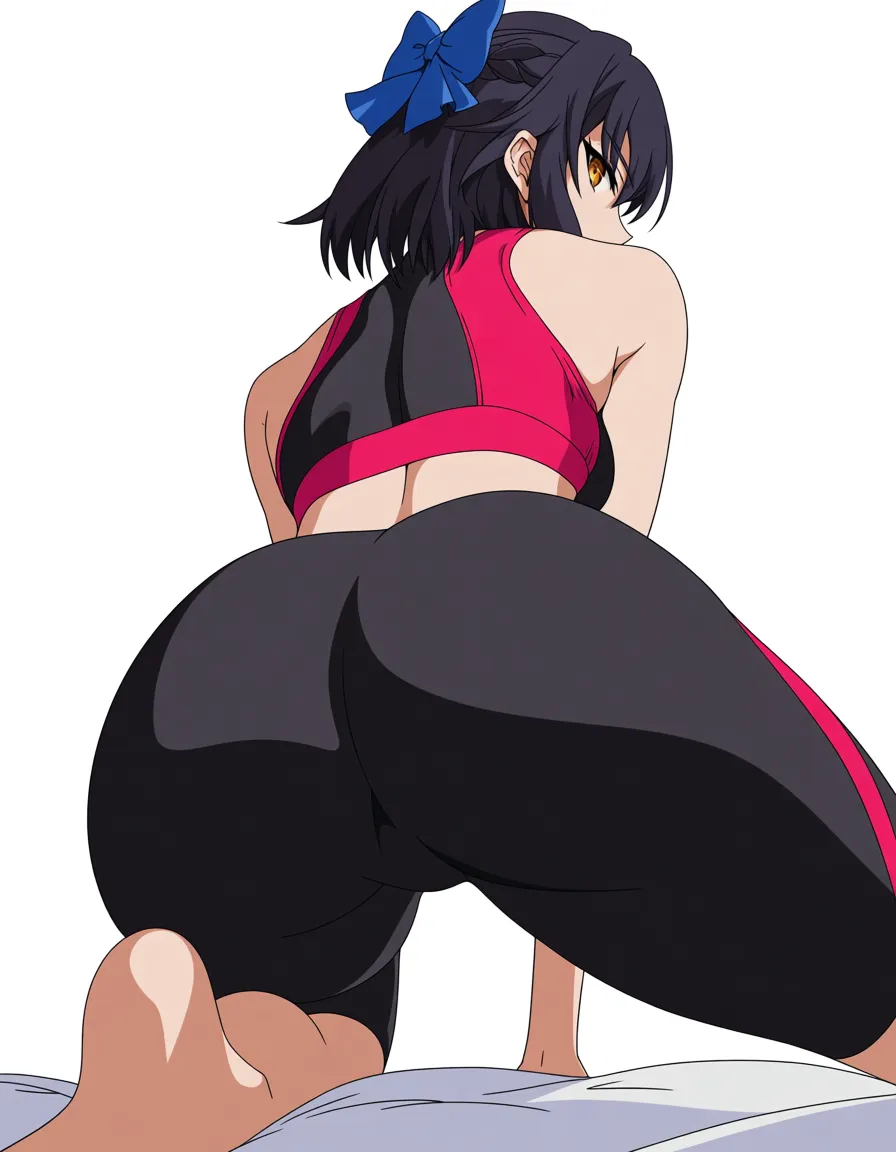 masterpiece, clean art, milf, athletic build, bow, kneeling on bed, transparent background, dominant stare, eroge aestheti @rias_gremory, (anime style:1.3), 2d, anime screencap, cel shading, flat color