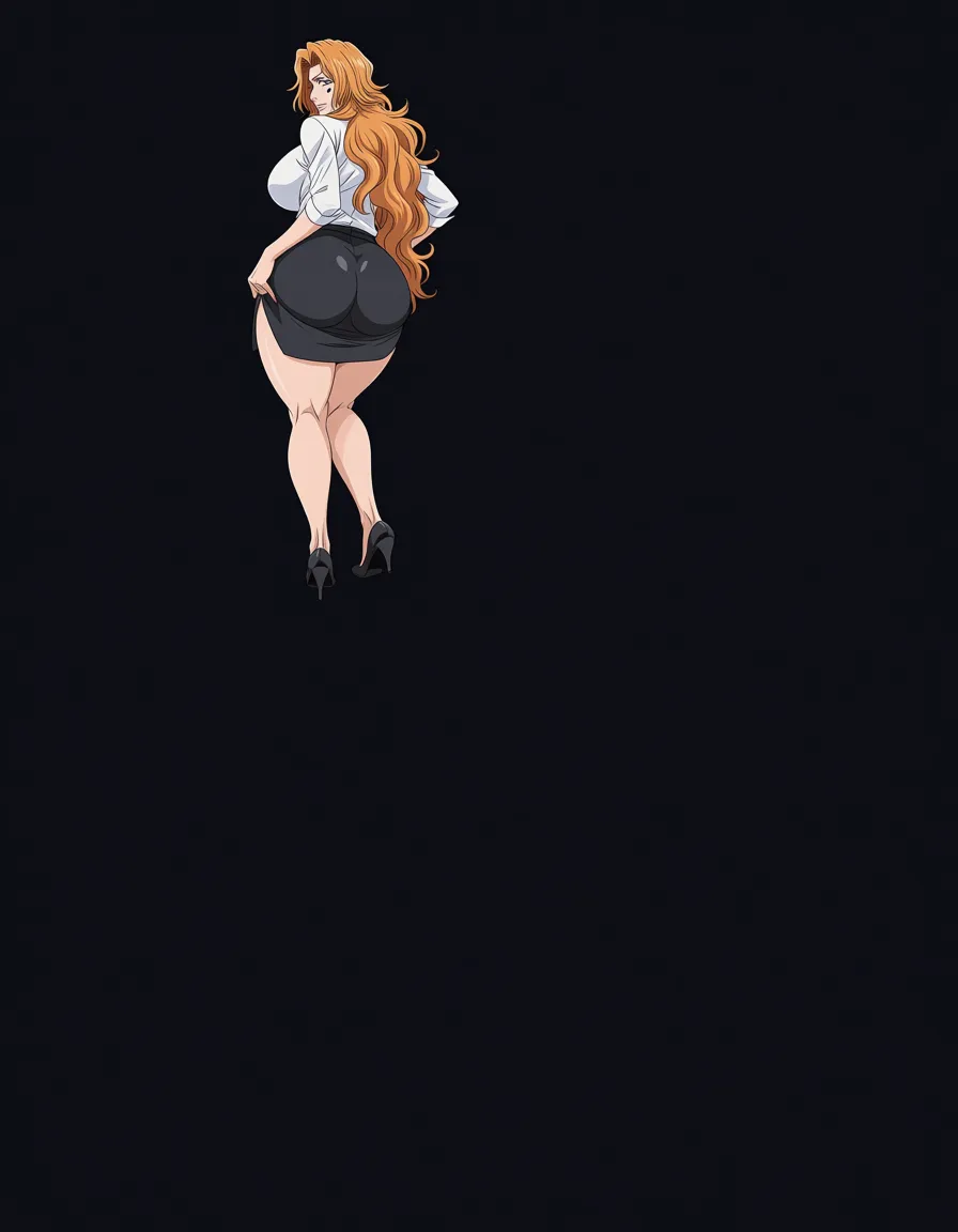 Ultra detailed anime illustration of Rangiku Matsumoto from Bleach, adult woman, rear view focus.

Face: partially visible as she looks back over her shoulder, glamorous mature features, soft oval face, fair skin, large grey eye with long lashes, beauty mark under the left eye, plump lips, long voluminous wavy strawberry-blonde hair cascading down her back and over one shoulder.

Body: extremely voluptuous figure, narrow waist, very wide soft hips, full round and plump buttocks, thick thighs.

Outfit: ultra ecchi teacher outfit seen from behind. Short tight black pencil skirt stretched firmly over her large round ass, the fabric pulled taut and slightly riding up due to her posture, clearly showing the full round shape of her buttocks and the deep curve where they meet her thighs. Thin white shirt is visible on her upper back, slightly pulled up. Black heels on her feet.

Pose: standing with her body arched, back curved, hips pushed back toward the camera. One hand rests on her hip, the other lifts the hem of her short skirt slightly. She looks back over her shoulder directly at the viewer with a knowing, provocative expression.

Framing: rear three-quarter close-up focused on her ass, hips, lower back and thighs, with her face visible looking back.

Background: dark seamless background.

Lighting: soft side lighting that sculpts the round shape of her buttocks, creates gentle highlights on the stretched skirt fabric and soft shadows under the curves. Mature detailed anime style, no text., (anime style:1.3), 2d, anime screencap, cel shading, flat color