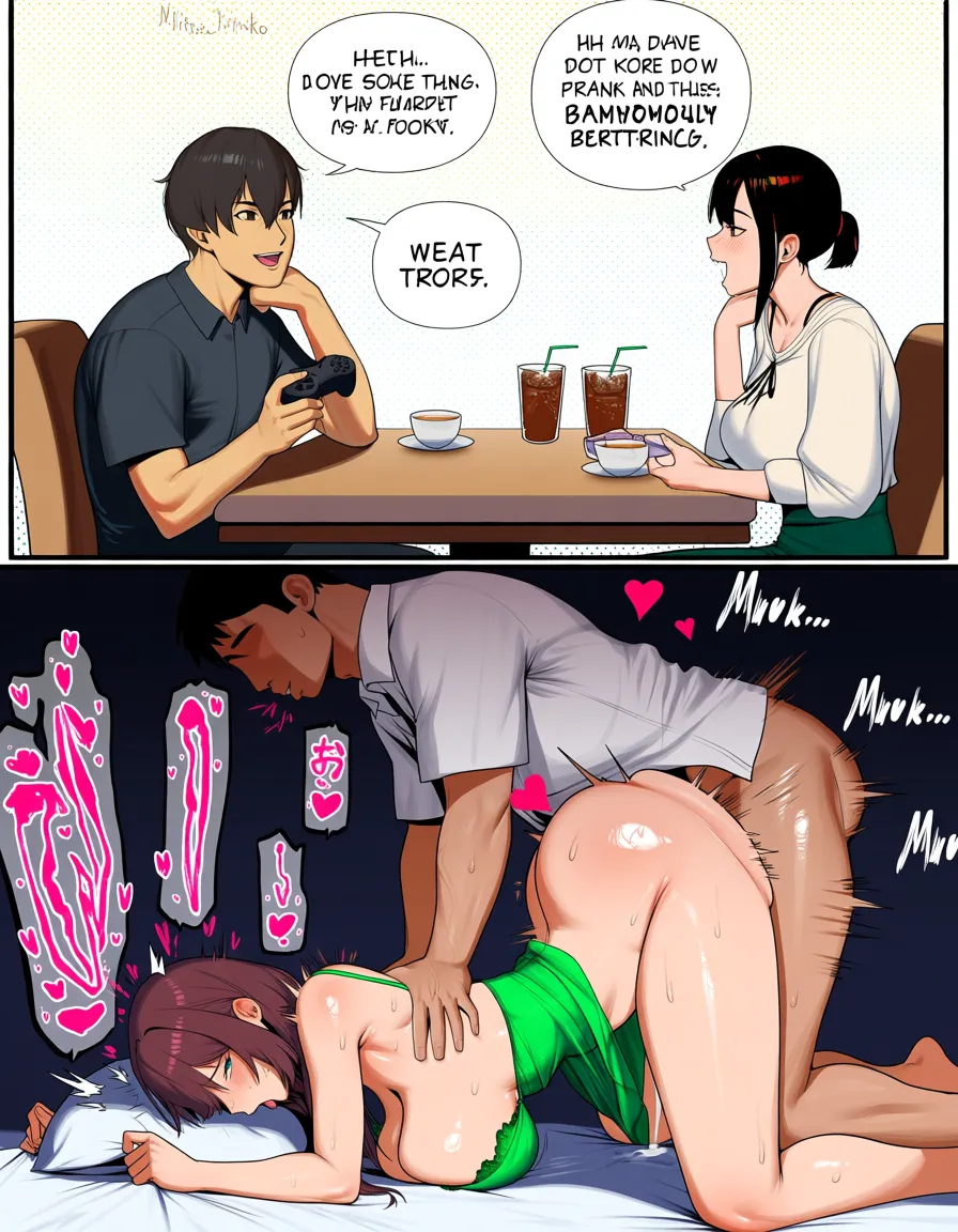 Hentai manga style, two-panel comic. Top panel: cafe scene, two young men sitting at a table, one holding a game controller, talking, a girl serving drinks. Bottom panel: explicit sex scene on a bed, girl on all fours in green lingerie, man behind her in white shirt having sex, hearts and sweat effects, speech bubbles. Uncensored, detailed, high quality @mirko, hentai_studio_quality