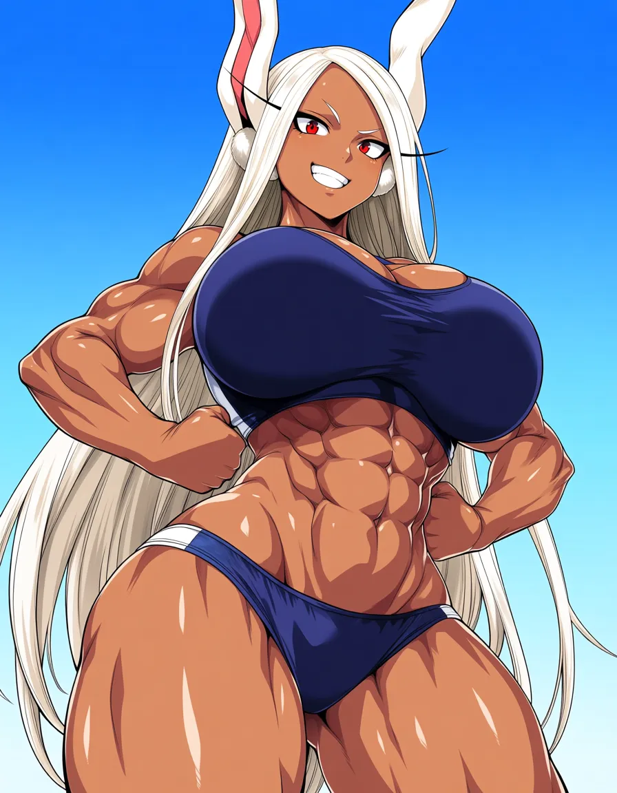 Mirko, Rumi Usagiyama, white rabbit ears, long white hair, red eyes, dark tanned skin, extremely large breasts, thick muscular thighs, athletic body, toned abs,, hentai_studio_quality