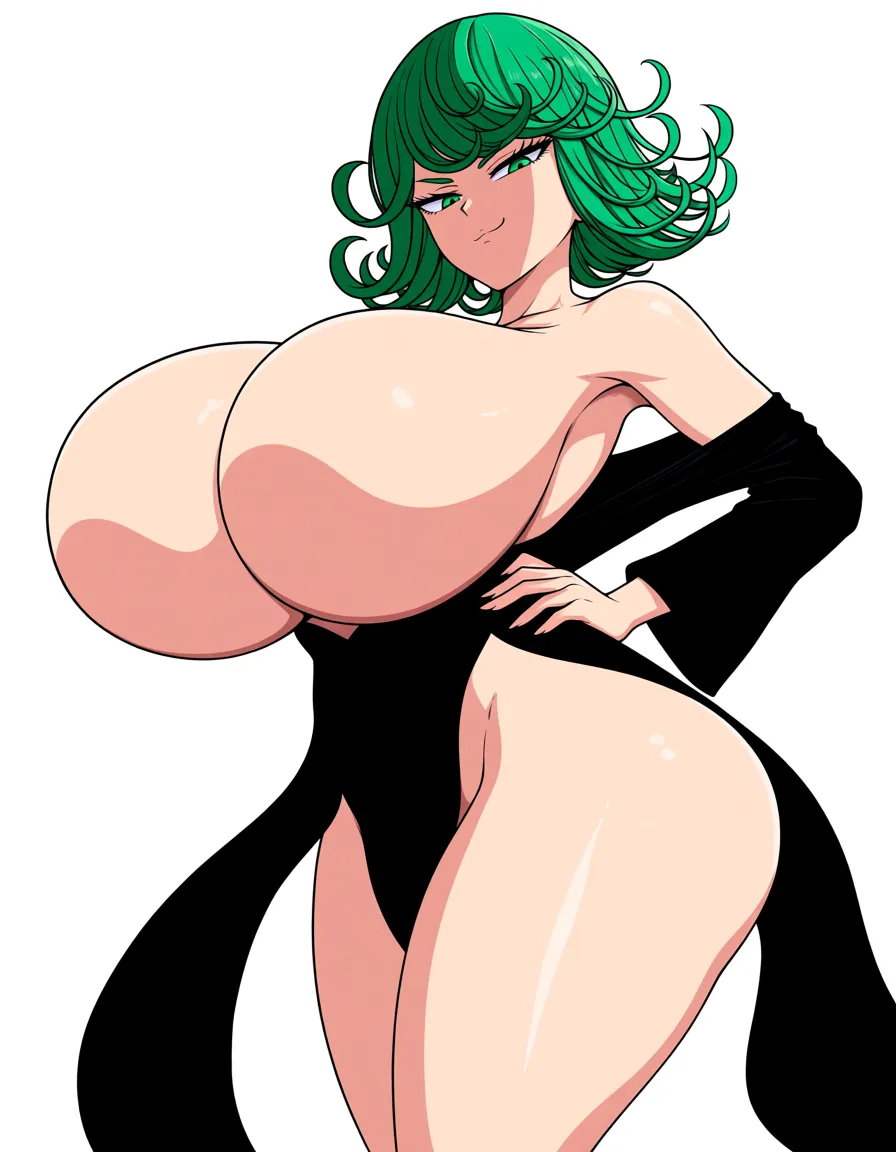 Tatsumaki from One-Punch Man, adult woman, short green curly hair, green eyes, arrogant seductive expression,
extremely large heavy breasts, smooth soft skin, massive round breasts with soft highlights,
narrow waist, wide hips, thick thighs and big soft ass,
wearing only open black dress that is slipped down, breasts nearly free,
sensual floating pose, body slightly arched, one hand on her hip, looking down at viewer with smirk,
hand-drawn anime style, detailed linework, soft shading, high quality illustration, focus on breasts and curves, hentai_studio_quality