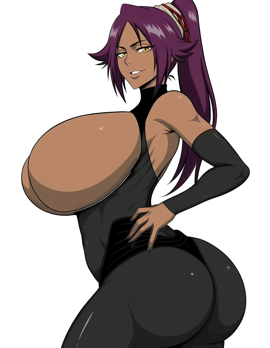 Shihouin Yoruichi from Bleach, adult woman, long purple hair, golden eyes, confident seductive smile,
very large heavy breasts, smooth soft skin, massive round breasts,
slim waist, wide hips, thick thighs and big firm ass, dark skin,
wearing only open black combat outfit that exposes almost everything,
sensual pose, one hand on her hip, body slightly turned showing her curves, looking at viewer,
hand-drawn anime style, detailed linework, soft shading, high quality illustration, focus on breasts and ass, hentai_studio_quality