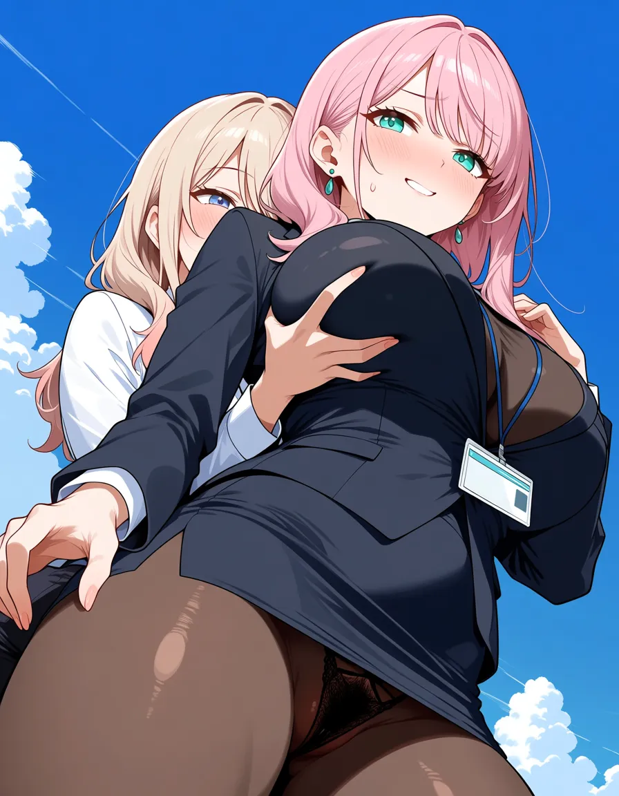 best quality, explicit detail, futa_with_female, medium_breasts, grabbing_another's_breast, office lady, legs, pink hair, day, long_hair, aqua_eyes, hentai_studio_quality