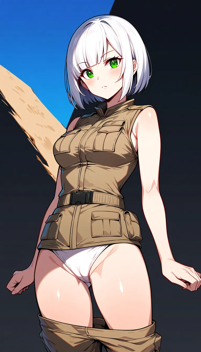 masterpiece, fine detail, Anime Female With Short bob cut White hair, white human skin, medium Breasts, Green Eyes, Cheeky Face, Taunting, hourglass body, Sand colour detailed closed combat gear outfit, no military set, no military, no military uniform, no helmet, Pants down, panties, cameltoe, no gloves, village surroundings background, desert biome, eroge aesthetics, · Form-fitting khaki desert future outfit. No hentai_studio_quality., hentai_studio_quality, hentai_studio_quality