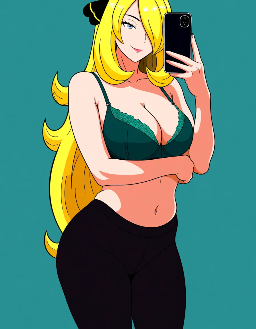 Cynthia from Pokémon taking a mirror selfie, wearing tight black yoga pants, tight green lingerie bra, cleavage, arm across chest, hentai_studio_quality