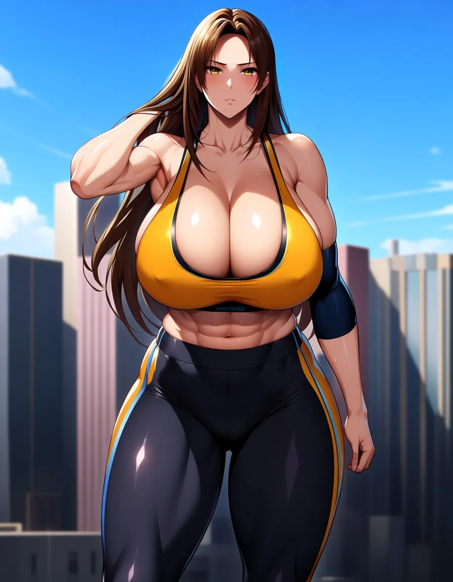 large_breasts , thick_thighs ,best quality, polished, fitness model, creampie, creampie, cleavage, brown hair, outdoors, doujin style,, hentai_studio_quality, hentai_studio_quality