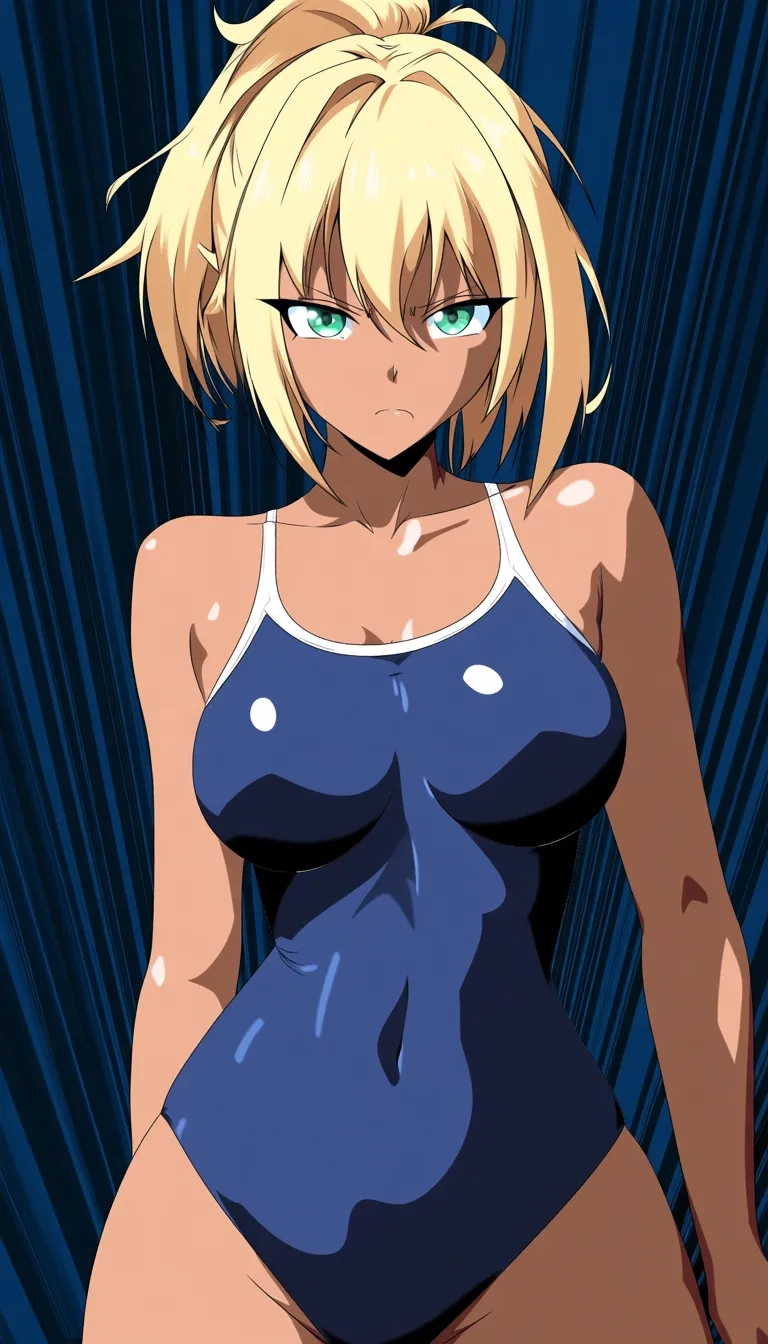 masterpiece, tan blonde_hair sex by big penis swimsuit school_swimsuit large_breasts, (anime style:1.3), 2d, anime screencap, cel shading, flat color, @00osamio00