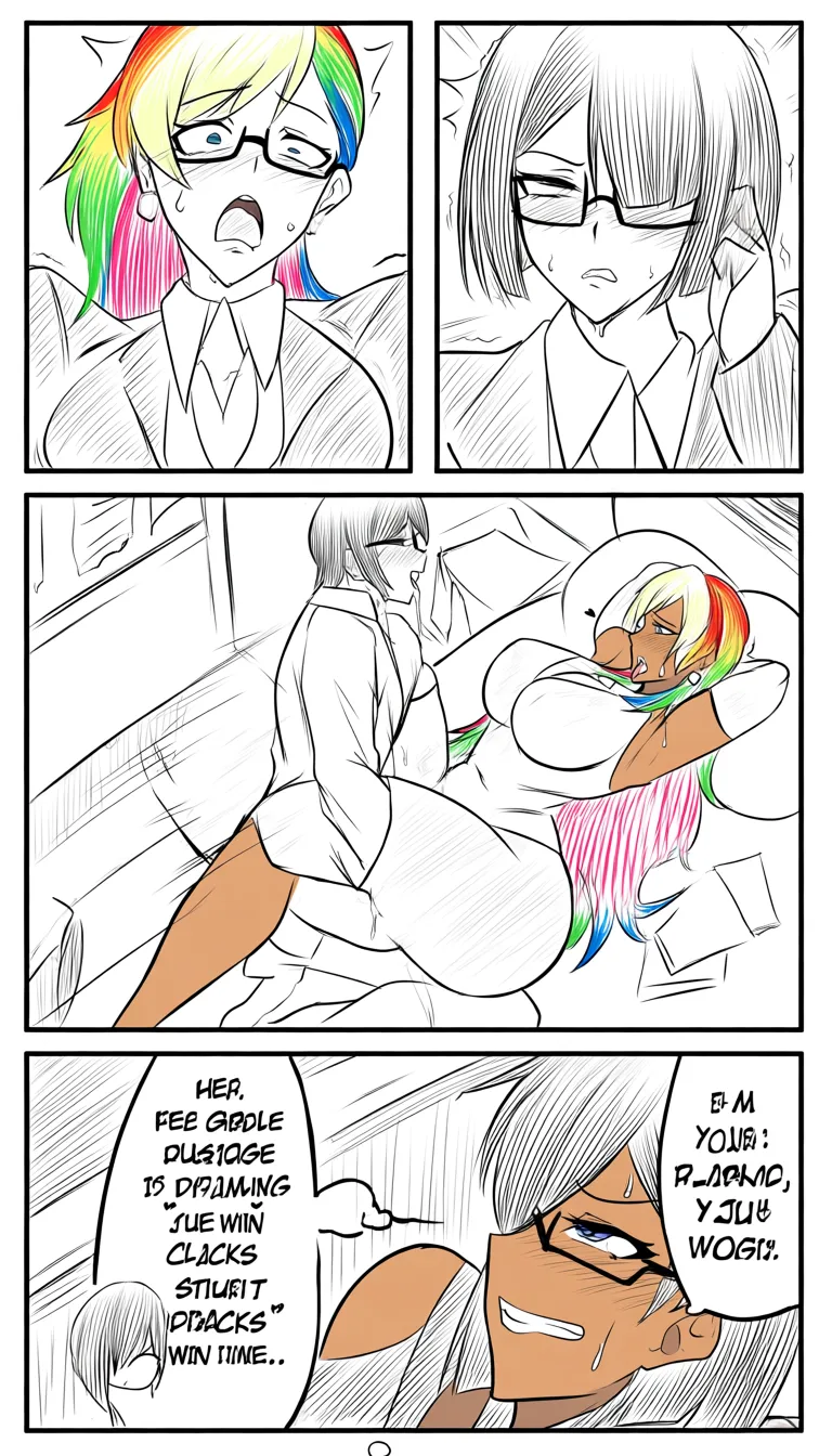 A skinny voy with glasses with a large_penis fucks her classmate who is a dark-skinned_female  with glasses short_hair and small_breasts in missionary while looking_at_another girl who has large_breasts rainbow hair and a pony the rainbow hair girl is masturbation they are in a classroom
