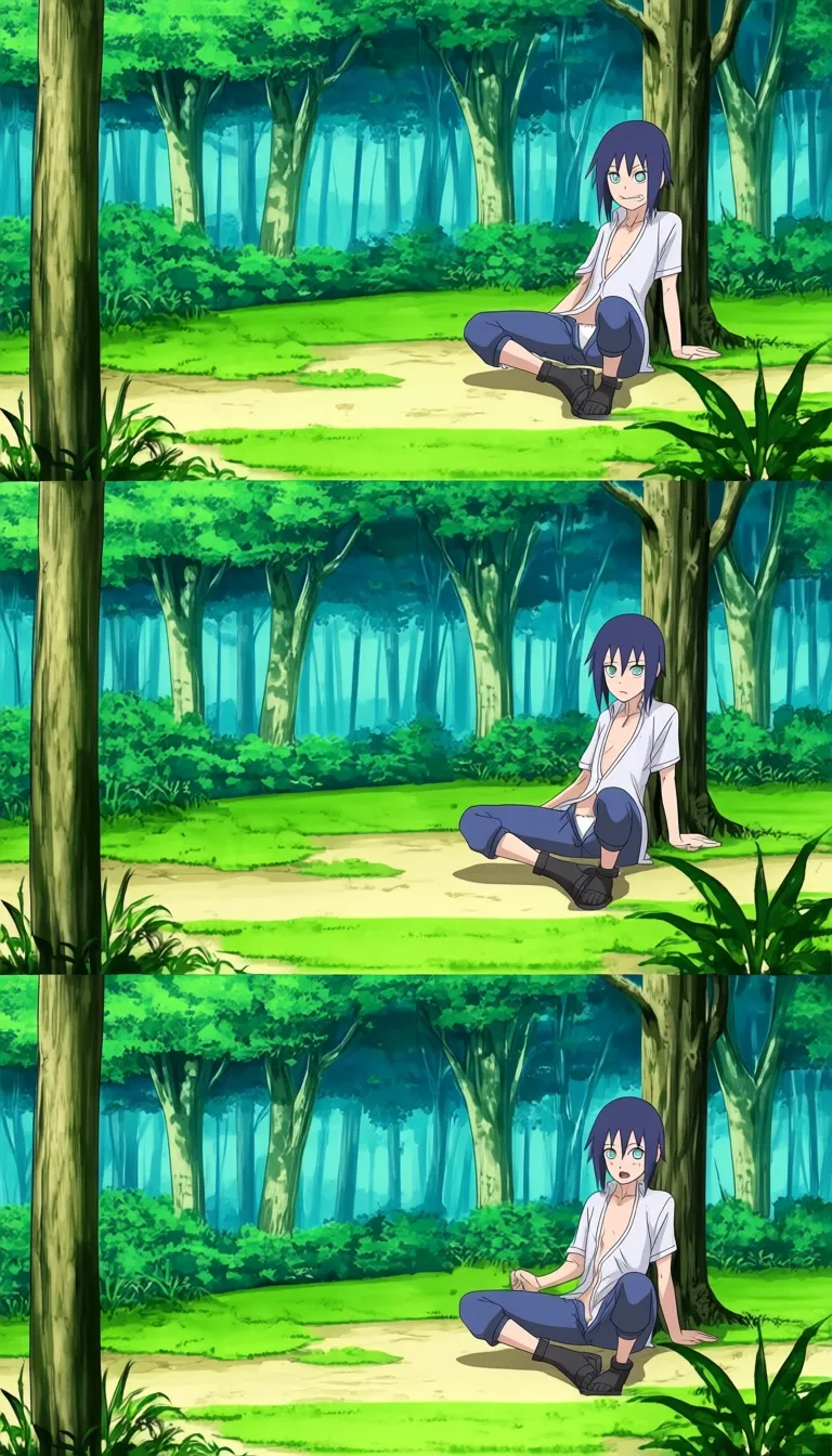 Sakura from naruto in the forest sitting beside a tree while his clothes are unbutton with no bra and panties