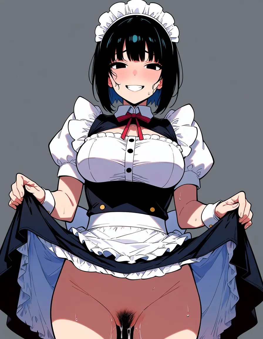 A maid, with a black short hairstyle, short hair,black_eyes , sex , lewd face, medium_breasts, skirt_lift, lewd naughty_face, wet, hentai_studio_quality