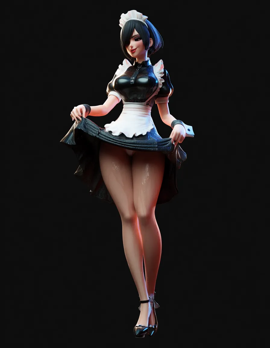 A maid, with a black short hairstyle, short hair,black_eyes , skirt_lift , lewd face, wet, score_9, score_8, 3d render, octane render, subsurface scattering, ray tracing, smooth shading