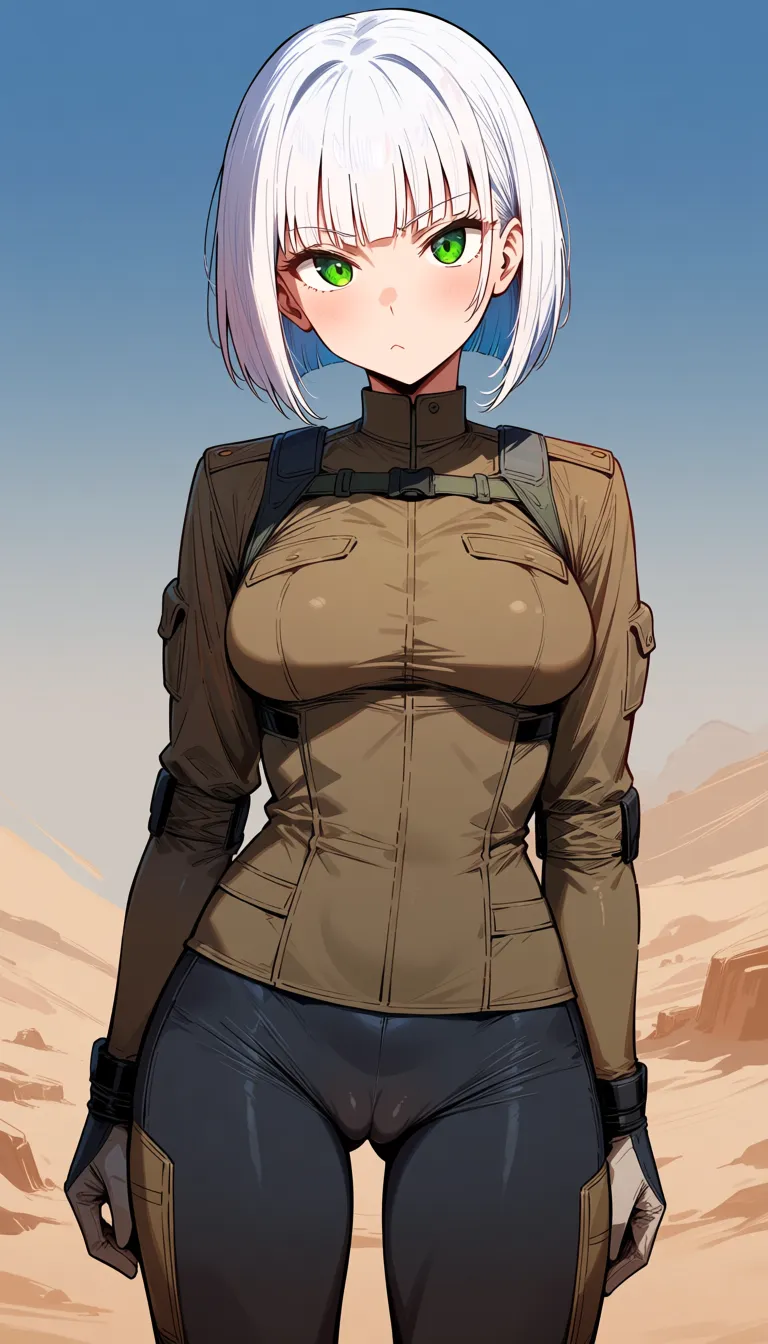 masterpiece, fine detail, Anime Female With  Short bob cut White hair, medium Breasts, Green Eyes, Cheeky Face, Taunting, hourglass figure, Sand colour detailed closed  combat gear outfit, no military set, no helmet, Pants, cameltoe, Desert village background, eroge aesthetics,, hentai_studio_quality