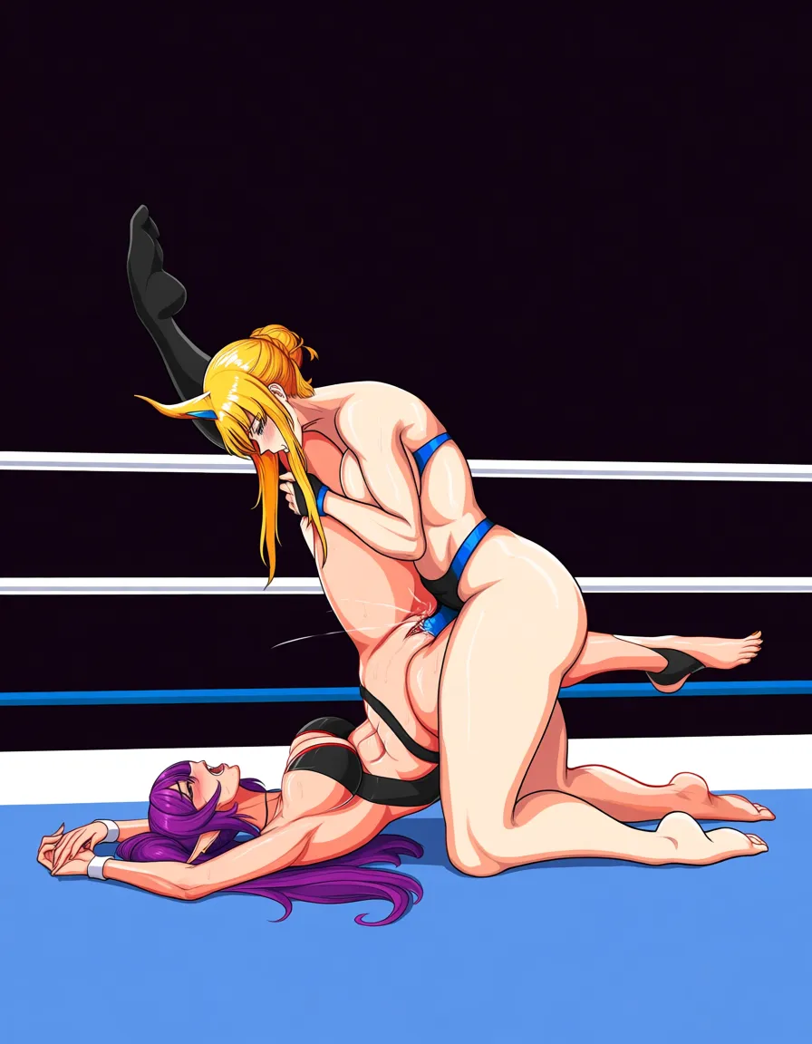 Elastigirl , @princess_zelda , 2girls yuri sex , wrestling_ring, wrestling orgasm pussy_juice, defeated, squirting ,  strap-on vaginal_object_insertion,,, hentai_studio_quality