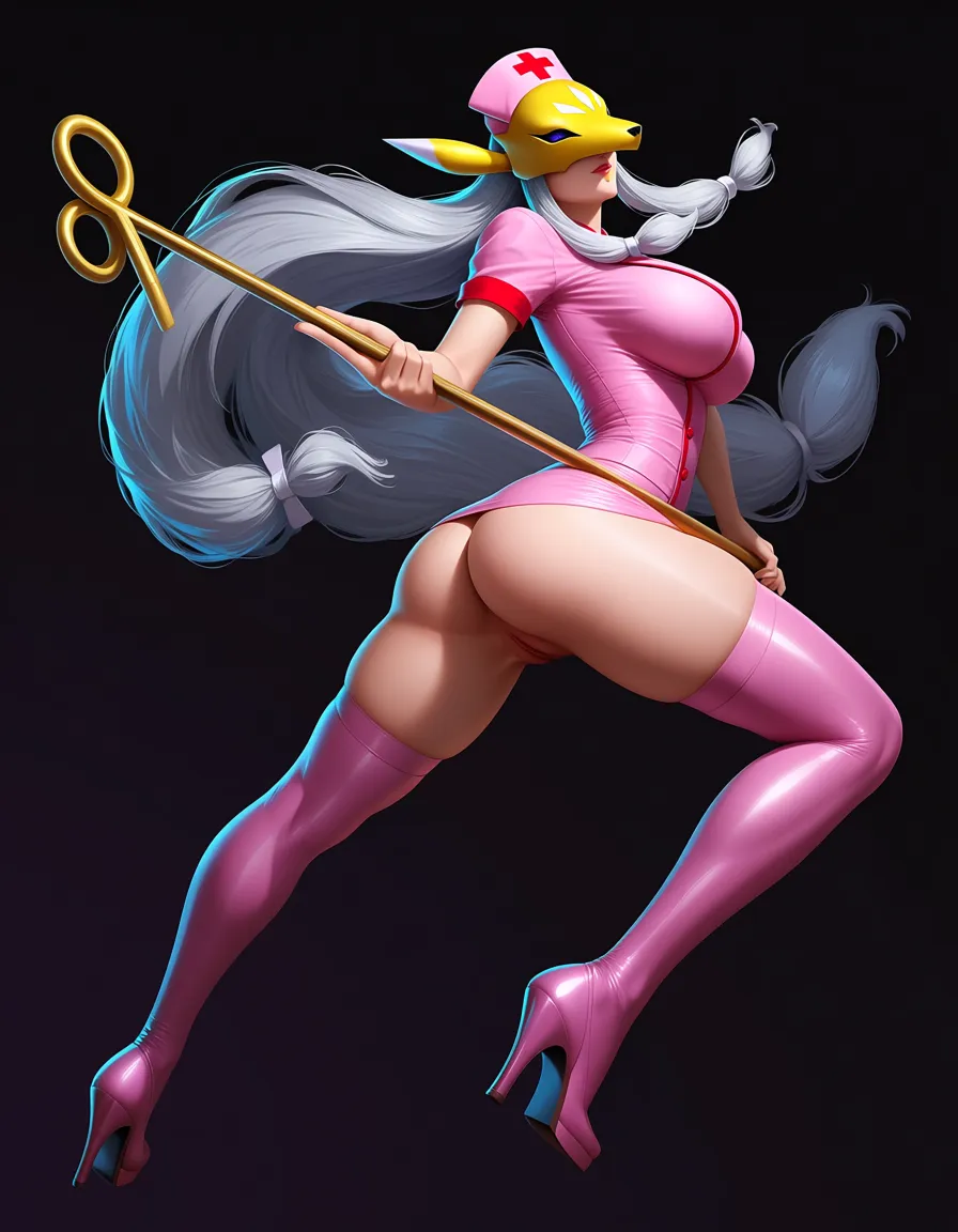 highly detailed, sakuyamon, nurse, ass_focus, thick_thighs, high_heels, thighhighs, large_breasts, realistic, hentai_studio_quality, arched_back, hentai_studio_quality, pussy_juice, hentai_studio_quality