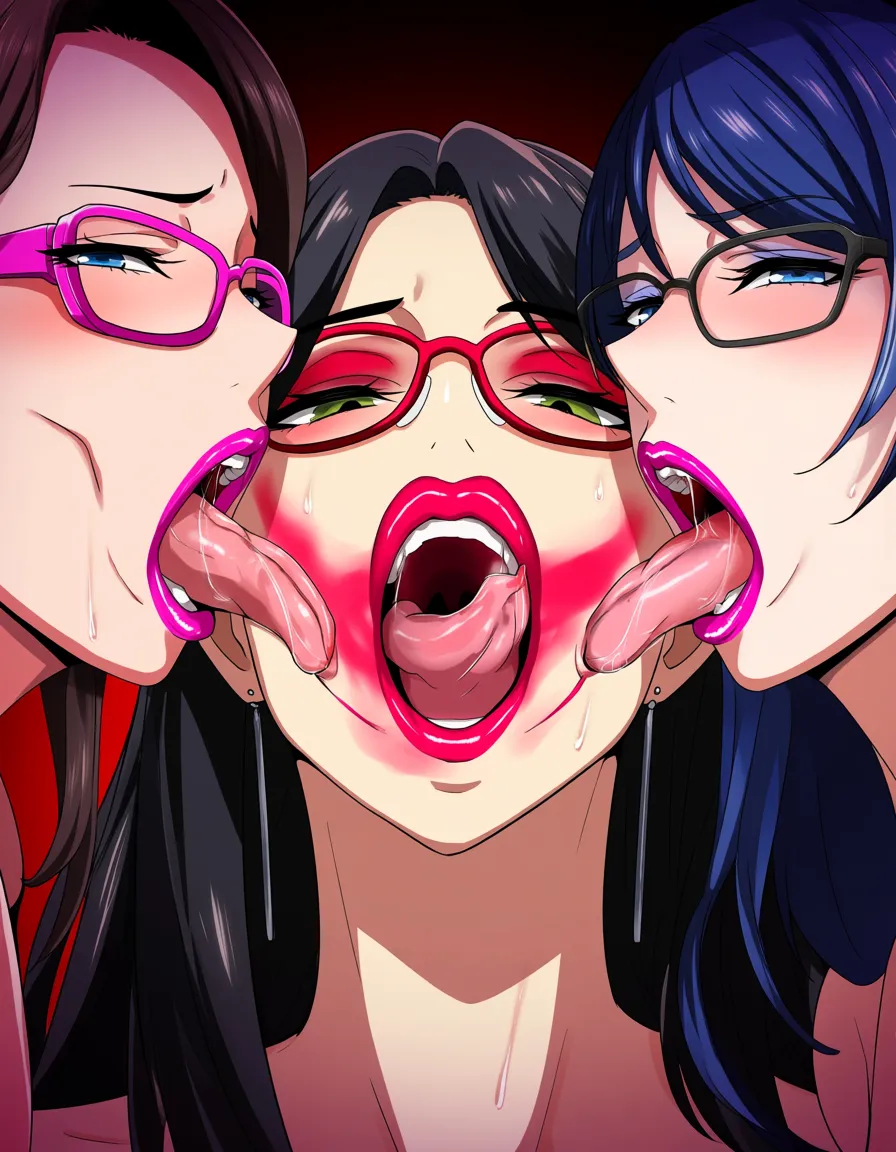 ultra detailed, 3girls mature_female with bimbo_lips glasses lipstick exposing their mouths mouth_fetish bad_breath sloppy saliva saliva_fetish smeared_makeup female_pervert jerkbait seduction about_to_cheat homewrecker, hentai_studio_quality