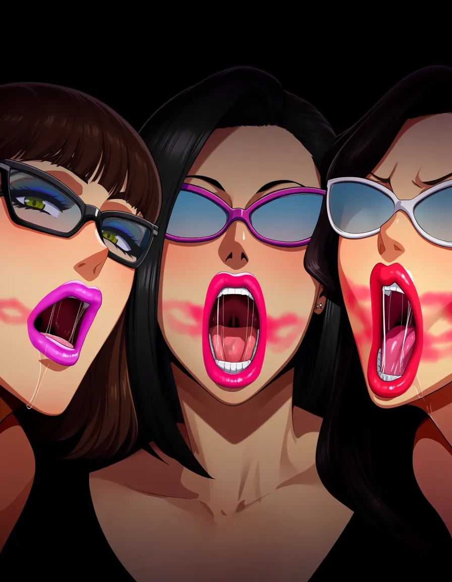 ultra detailed, 3girls mature_female with bimbo_lips glasses lipstick exposing their mouths mouth_fetish bad_breath sloppy saliva saliva_fetish spitting smeared_makeup female_pervert jerkbait seduction about_to_cheat homewreckers joi,, hentai_studio_quality