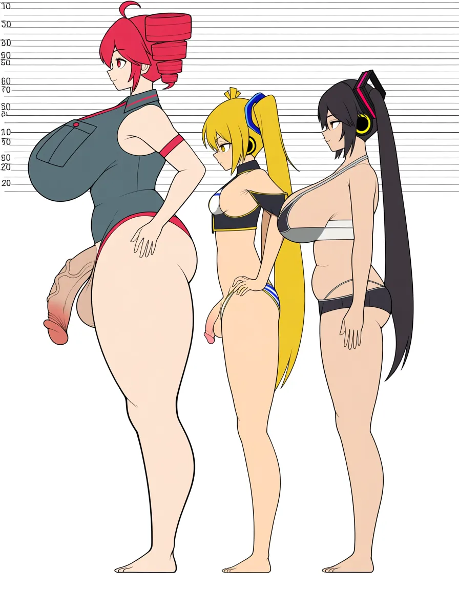 Huge and fat penis, huge balls, kasane_teto, hatsune_miku, akita neru, futanari, penis_size_difference, , athletic, plump, height difference, huge_penis, huge_ass, small_ass, small_penis, plump, breasts_size_difference, penis_size_comporision, size_chart, comparing_penis, measuring_height, bikini, (anime style:1.3), 2d, anime screencap, cel shading, flat color