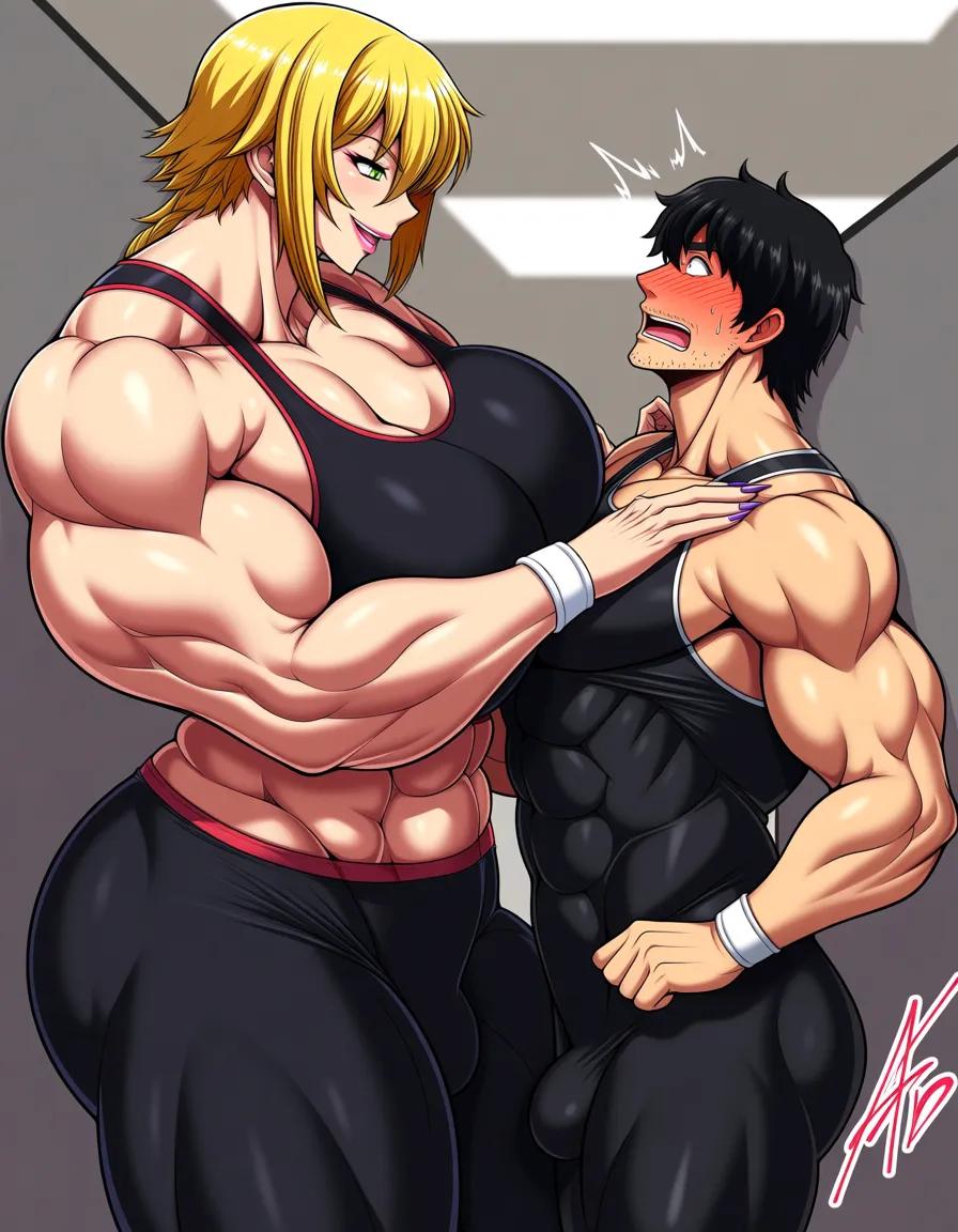 Giant muscular_female, man stubble, adults, size_difference, huge height_difference, female blonde_hair short_hair_with_long_locks, sportswear, female tight_clothes tank_top leggings , male oversized_clothes, indoors gym, femdom, dominant female looking_at_another, male facing_another looking_up surprised, breast_press, male pinned against_wall, male flying, teasing, nervous blush male looking_up , male black medium_hair, petite male, standing , female hands_on_own_hips, female abs, female big biceps, female big shoulders, female thick_thighs, female huge_ass, female wide_hips, huge_breasts, gigantic tall female, bulging nipples, male bulge, male narrow_waist, domination, eye_contact, aged_up, full_body, hentai_studio_quality