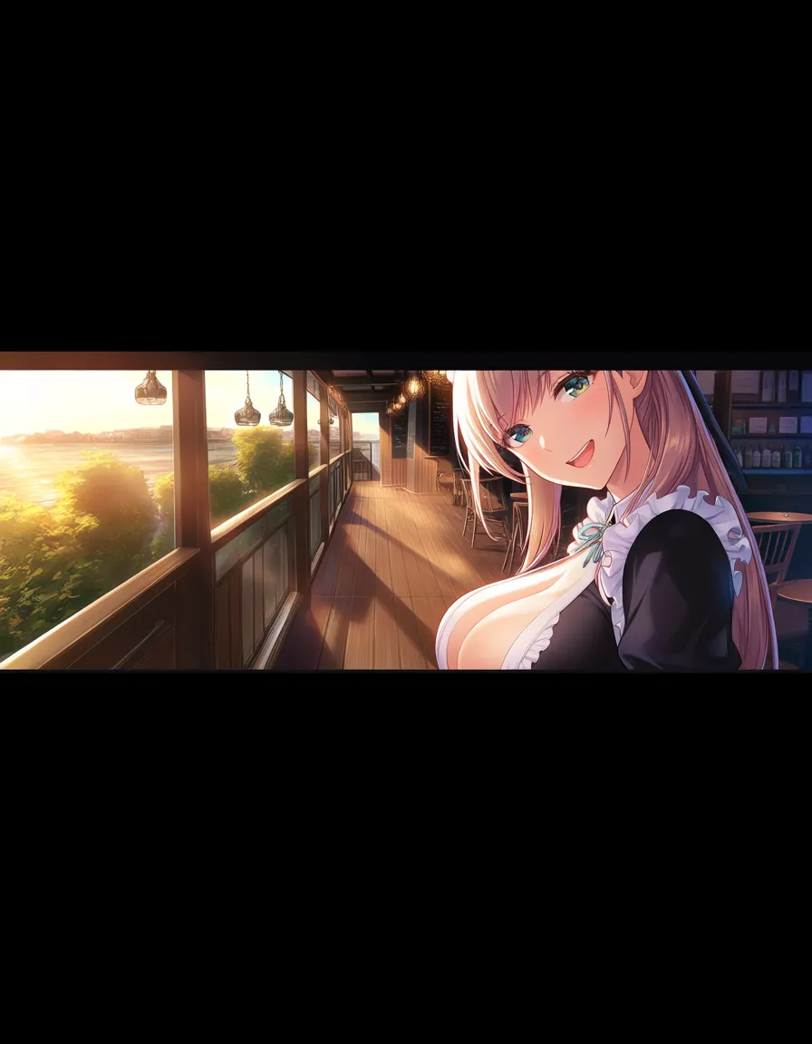 masterpiece, perfect,
dynamic lighting, sunny,
on a cafe's terrace,
maid uniform,
breasts exposed,
side view,
head tilted towards me,
genuine smile,, hentai_studio_quality