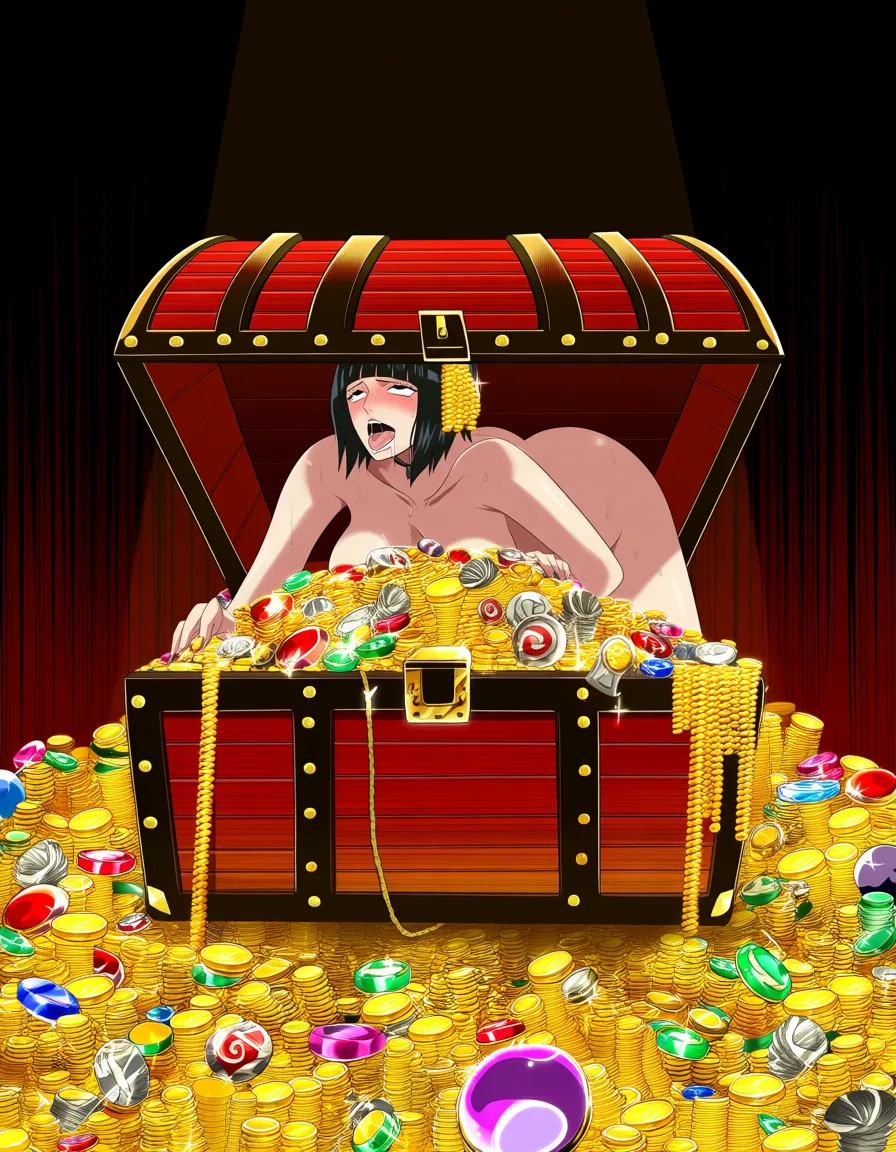 Naruto Uzumaki, @Nami (One Piece), short_hair , nude, bondage, ahegao, female slave, sex_from_behind, room, jewelry, gold, coin, treasure chest, hentai_studio_quality