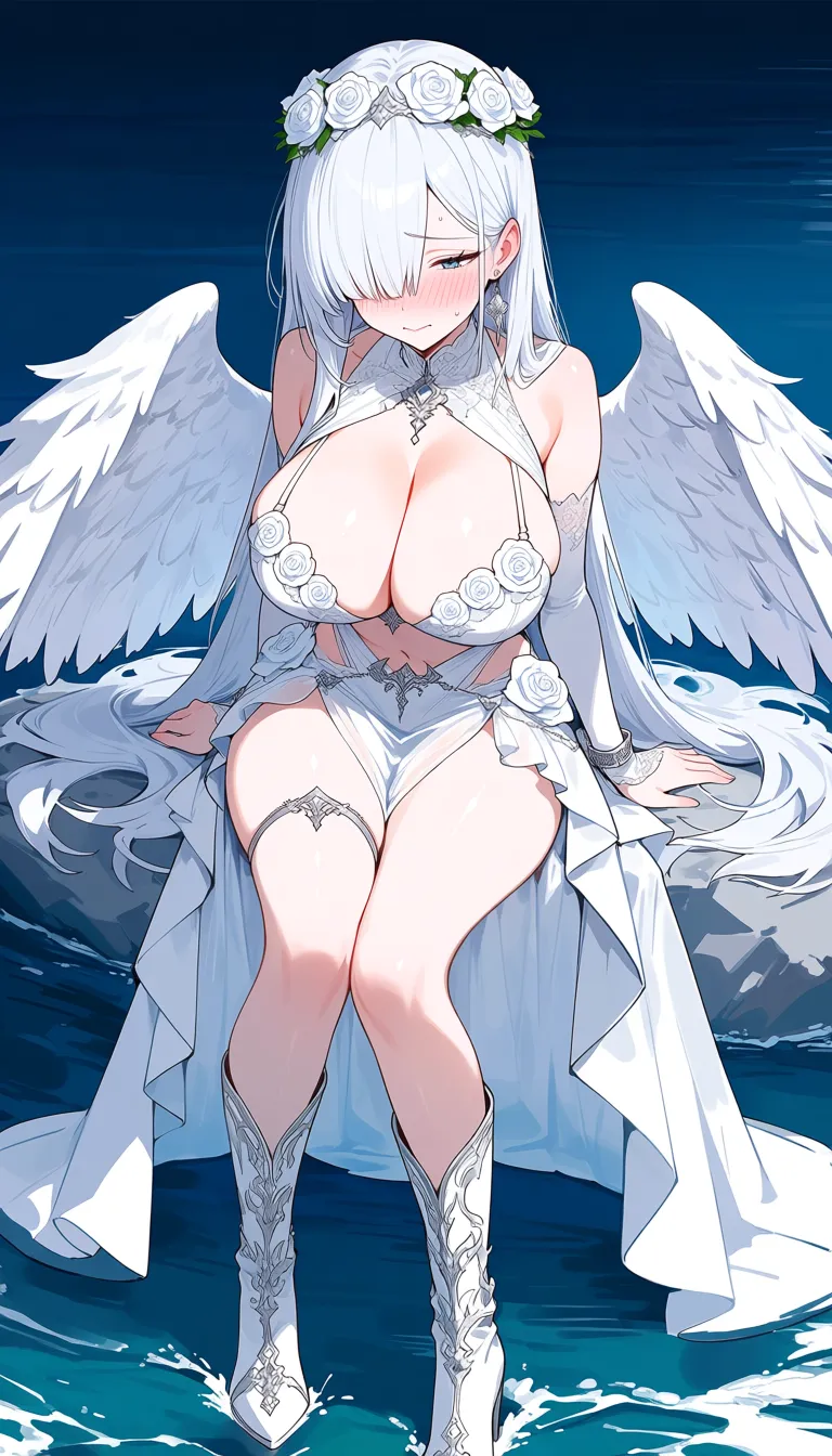 Long white hair and bangs covering one eye
White floral crown/headpiece
Large feathered wings
Elegant white fantasy outfit with silver accessories
White ornate boots
Pale, shy expression
Celestial/gothic aesthetic in a moonlit ocean setting
White rose bra.
Big chest and thighs
with white angel wings
getting fucked