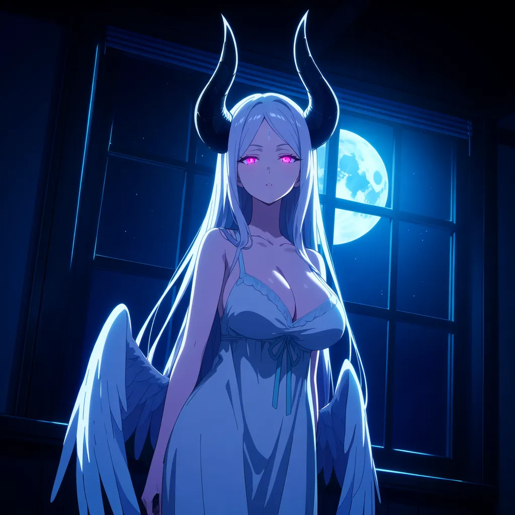 Anime Slaanesh big breasts wide hips pink eyes pale skin long white hair curved black horns white feathered wings Translucent nightgown in a room at night low lighting full moon