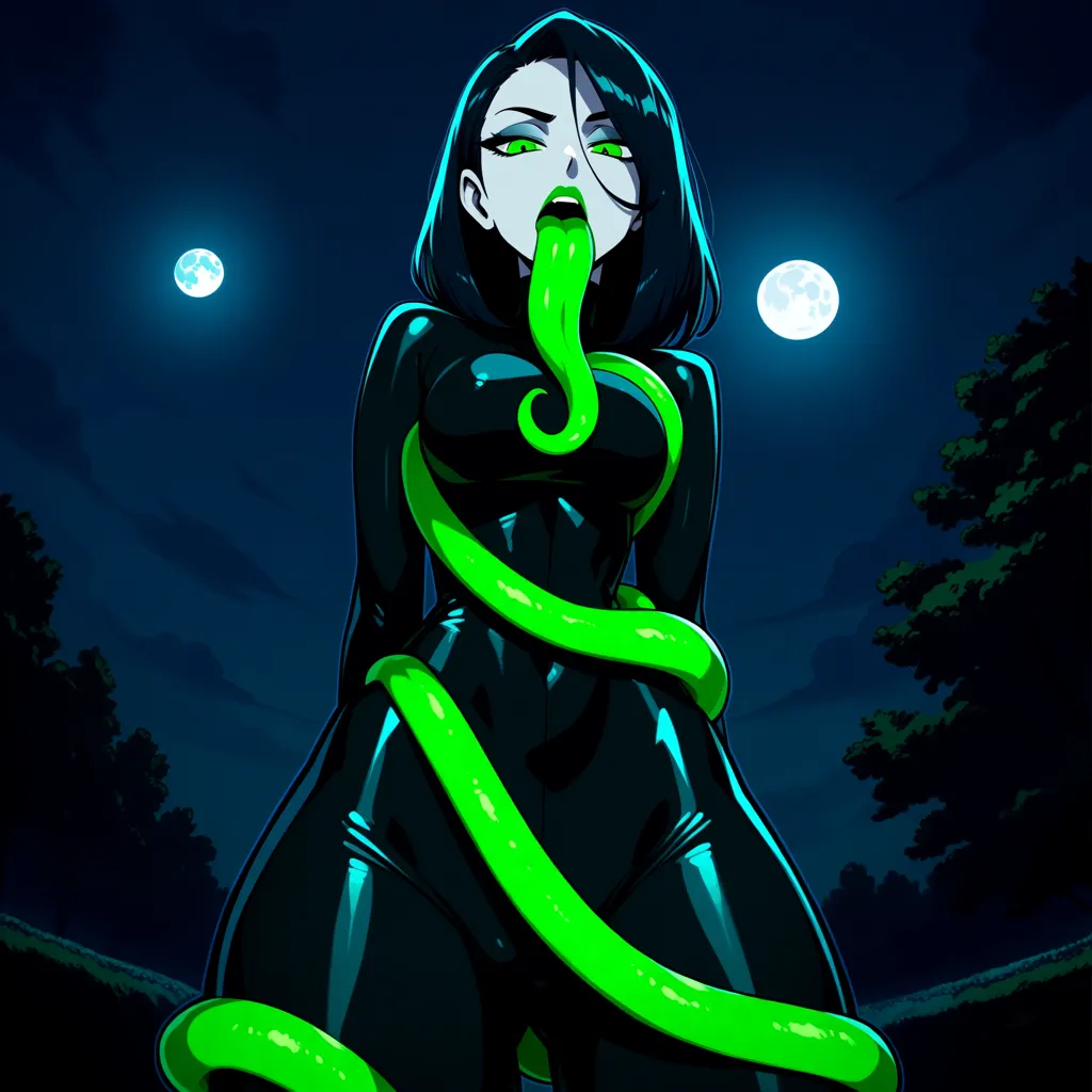 Anime serleena big breasts wide hips green eyes pale skin dark hair black lingerie long green alien tongue wrapped and Coiled around a penis in a park at night low lighting full moon
