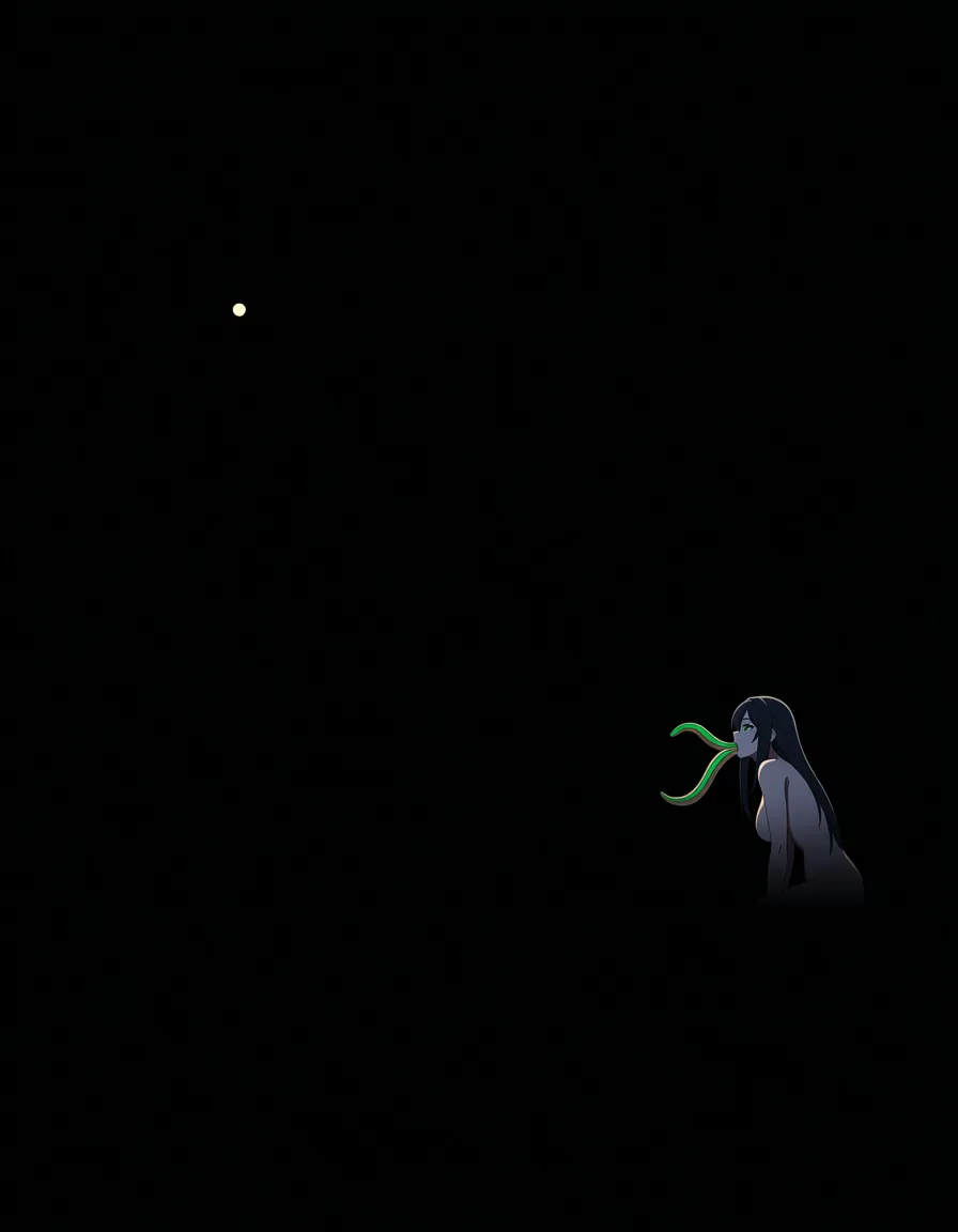 Anime serleena big breasts wide hips green eyes pale skin dark hair naked in a park at night low lighting full moon, with multiple long green Striped Venus flytrap tentacle tongues coming out of her mouth, hentai_studio_quality, hentai_studio_quality