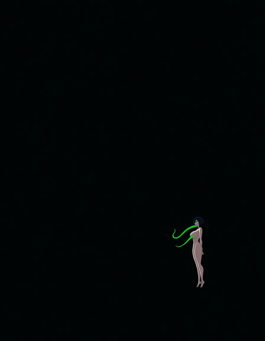 Anime serleena big breasts wide hips green eyes pale skin dark hair naked in a park at night low lighting full moon, with multiple long green Striped Venus flytrap tentacle tongues coming out of her mouth, hentai_studio_quality, hentai_studio_quality, hentai_studio_quality, hentai_studio_quality