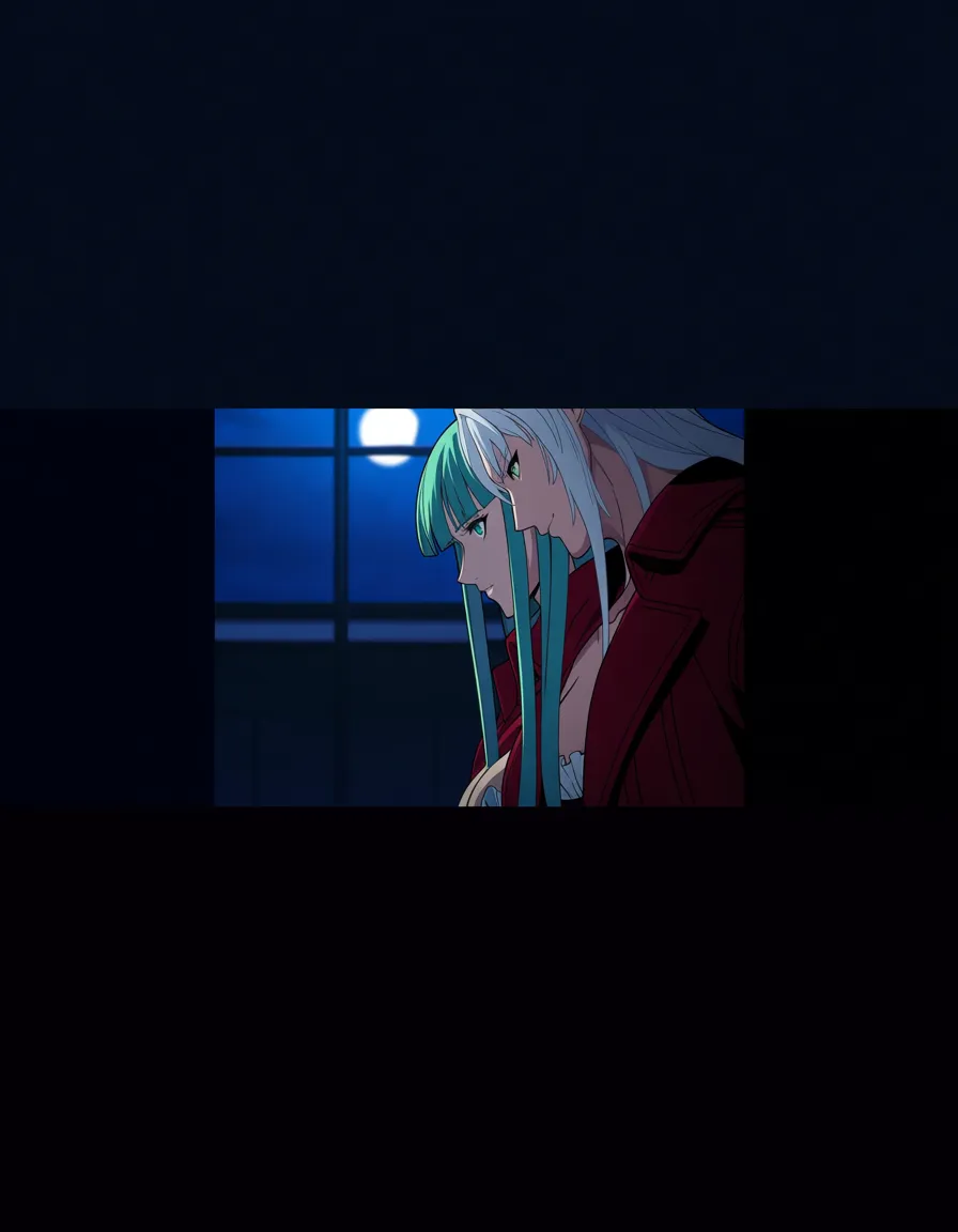 Anime morrigan aensland green eyes light skin sea green hair black leonard  kissing dante Sparta blue eyes light skin white hair red open trench coat in a room at night low lighting full moon,, hentai_studio_quality