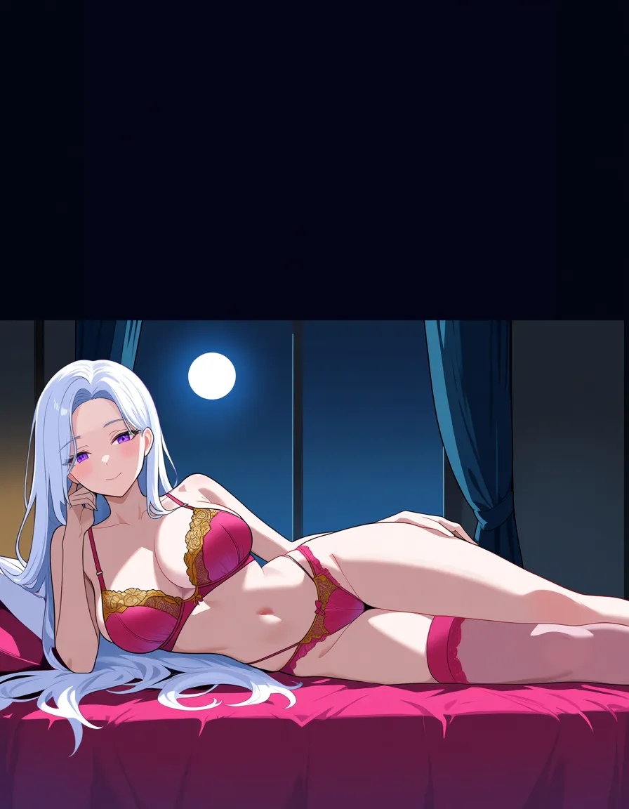 Anime warhammer 40k female fulgrim big breasts wide hips violet eyes light skin long white hair pink and gold lingerie laying in a bed in a room at night low lighting full moon, hentai_studio_quality