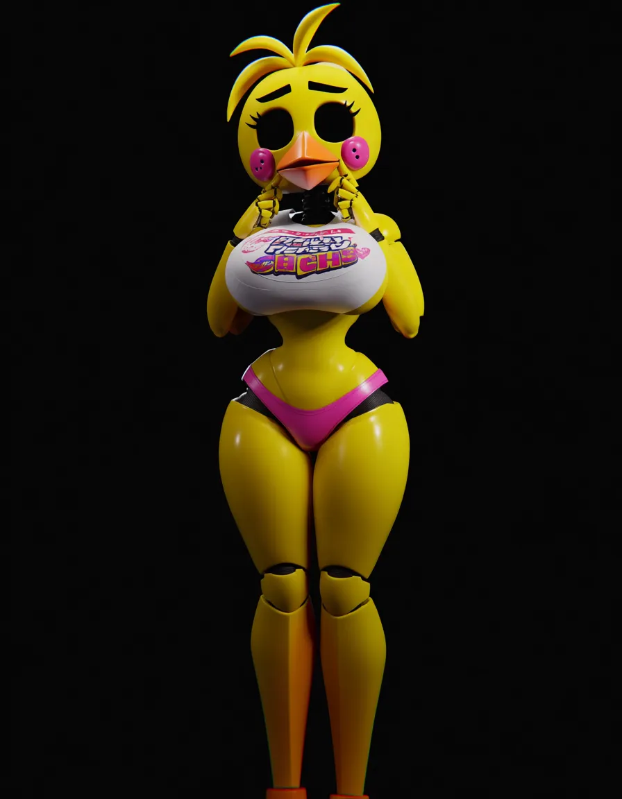Anime five nights at Freddy's toy chica big breasts wide hips dark eyes white glowing Pupils yellow hair shiny yellow skin cyborg pink panties white party Bib in a room at night low lighting, deep throat, score_9, score_8, 3d render, octane render, subsurface scattering, ray tracing, smooth shading