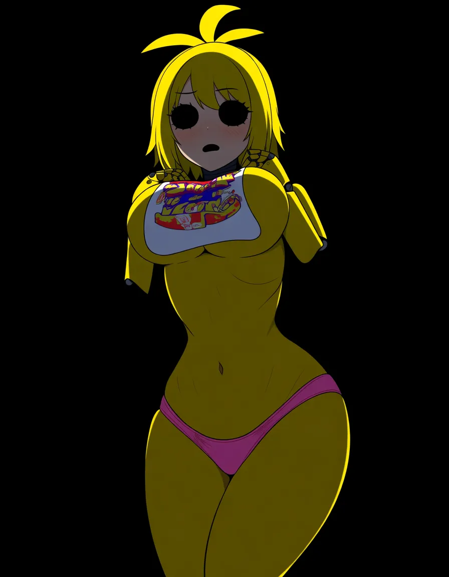 Anime five nights at Freddy's toy chica big breasts wide hips dark eyes glowing white Pupils yellow hair shiny yellow skin white bib pink panties cyborg in a room at night low lighting full moon deep throat, hentai_studio_quality
