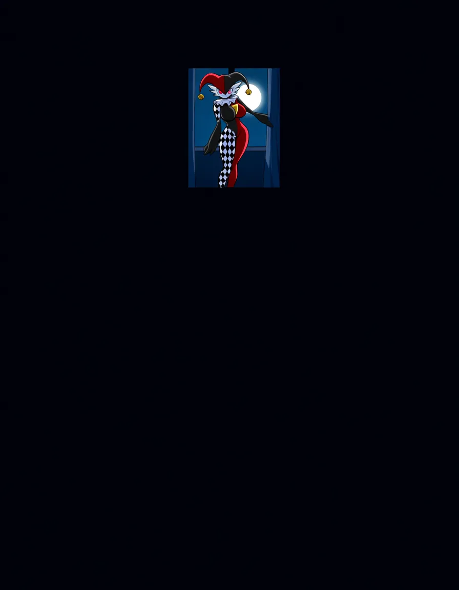 Anime gardevoir as a Harlequin jester big breasts wide hips blue eyes white skin black and red two tone Diamond pattern checkerboard outfit twin tails gold bells in a room at night low lighting full moon, hentai_studio_quality