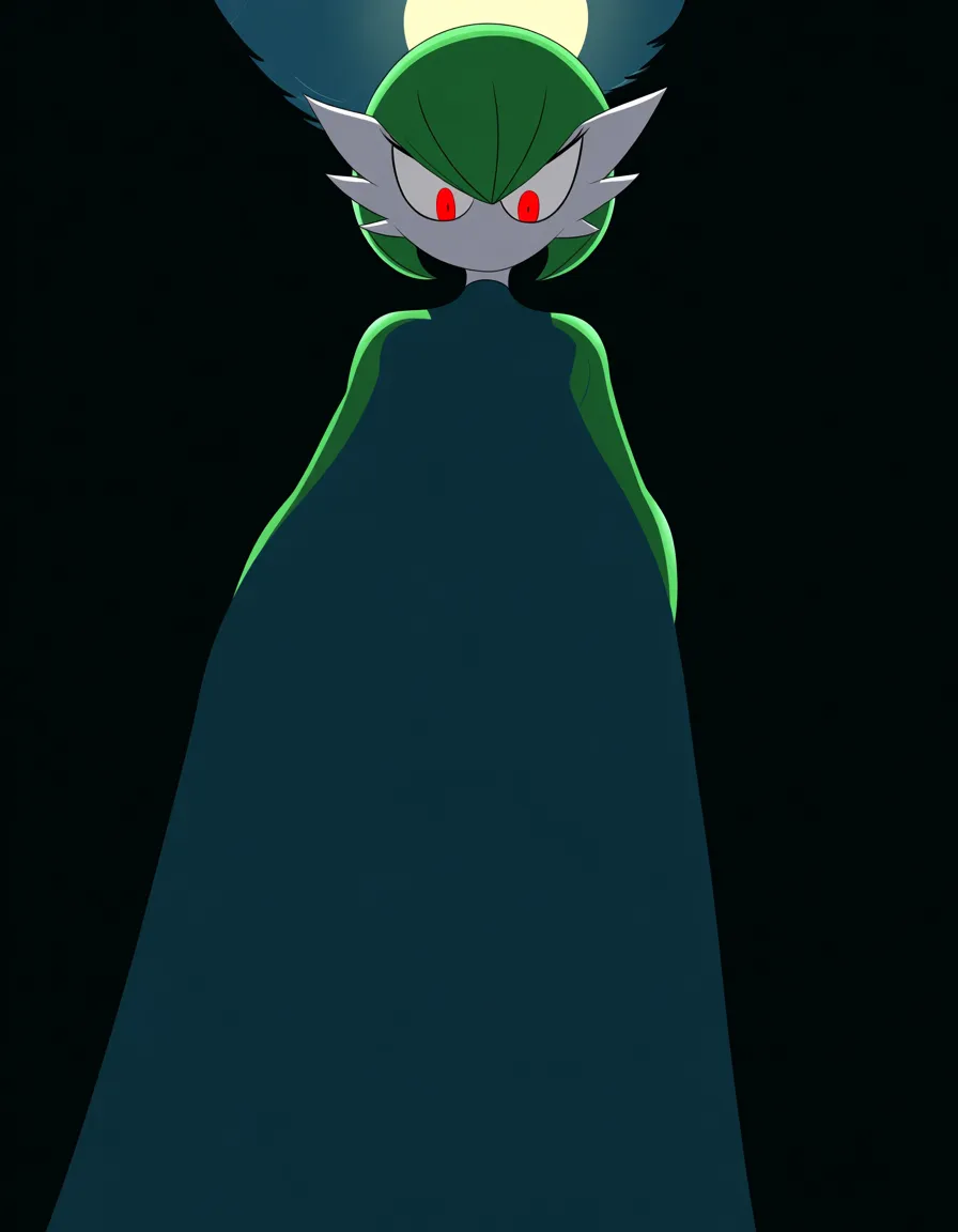 Anime gardevoir big breasts wide hips red eyes white skin green hair giving a gallade a blow job in a forest at night low lighting full moon, hentai_studio_quality