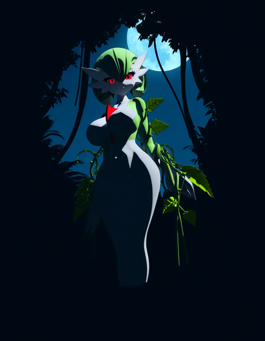 Anime gardevoir as biollante big breasts wide hips amber eyes white skin green hair plant leaf leonard with plant vine tentacles coming out of her back in a jungle at night low lighting full moon, hentai_studio_quality, score_9, score_8, 3d render, octane render, subsurface scattering, ray tracing, smooth shading, (anime style:1.3), 2d, anime screencap, cel shading, flat color, @00osamio00, (anime style:1.3), 2d, anime screencap, cel shading, flat color, @00osamio00, (anime style:1.3), 2d, anime screencap, cel shading, flat color