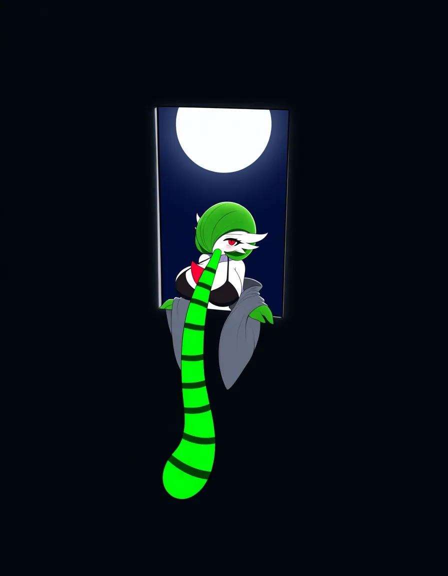 Anime gardevoir as serleena big breasts wide hips red eyes white skin green hair black lingerie See through gray shawl in a room at night low lighting full moon with a long green striped tentacle tongue coming out of her mouth, hentai_studio_quality