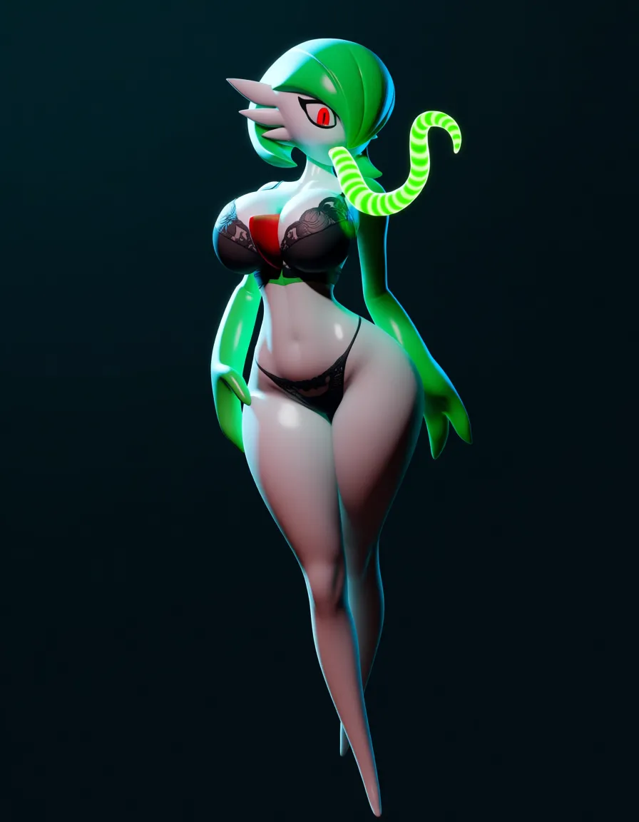 Anime gardevoir as serleena big breasts wide hips red eyes white skin green hair black lingerie See through gray shawl in a room at night low lighting full moon with a long green striped tentacle tongue coming out of her mouth, hentai_studio_quality, score_9, score_8, 3d render, octane render, subsurface scattering, ray tracing, smooth shading