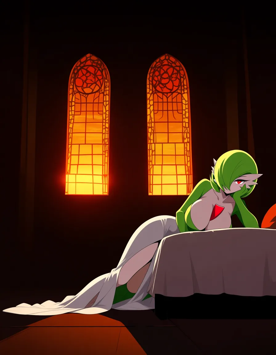 Anime gardevoir as gwynevere big breasts wide hips red eyes white skin green hair white dress white hooded vail boob window Cleavage Laying on a bed In a temple sunset low lighting, hentai_studio_quality