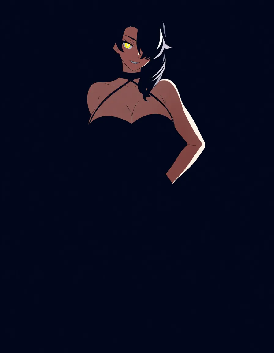 Anime rwby cinder fall big breasts wide hips yellow eyes light skin dark hair Glittery black dress boob window Cleavage in a room at night low lighting full moon sexy pose hand on hip Seductive smile, hentai_studio_quality