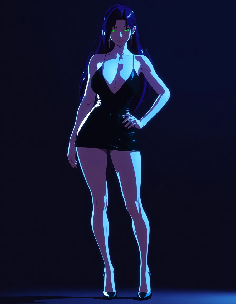 Anime serleena big breasts wide hips green eyes pale skin dark hair Glittery black dress Deep cleavage Short skirts black heels in a bed room at night low lighting full moon sexy pose hand on hip Seductive smile, hentai_studio_quality, (anime style:1.3), 2d, anime screencap, cel shading, flat color, score_9, score_8, 3d render, octane render, subsurface scattering, ray tracing, smooth shading, (anime style:1.3), 2d, anime screencap, cel shading, flat color, @00osamio00, (anime style:1.3), 2d, anime screencap, cel shading, flat color